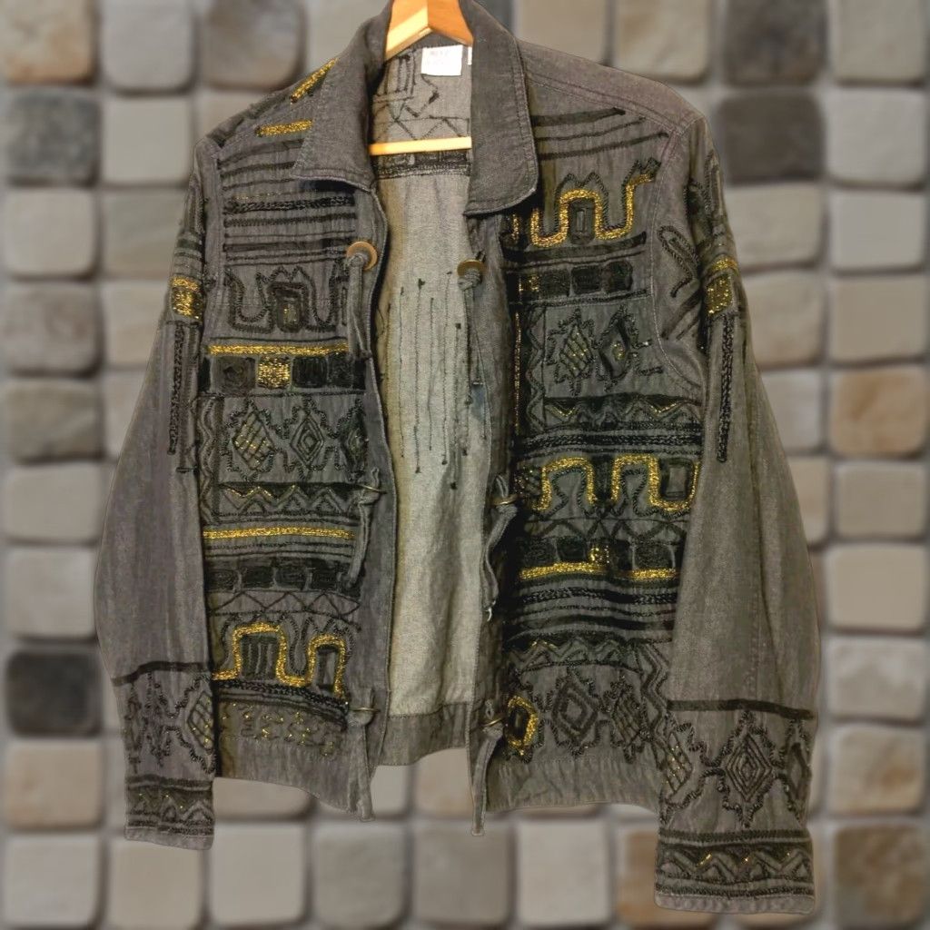 Vintage VINTAGE Bleu Bayou Jacket Ladies Regular Short Open Front Chambray Embellished Gray/Black XL Artsy Boho 90s Size XL / US 12-14 / IT 48-50 - 1 Thumbnail