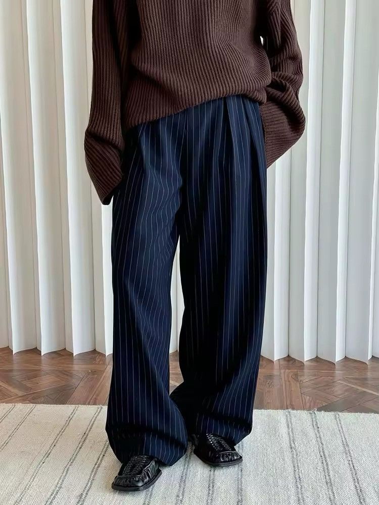 Designer × Vintage Striped Streetwear Casual Loose Navy Long Pants Size 27" / US 4 / IT 40 - 1 Thumbnail