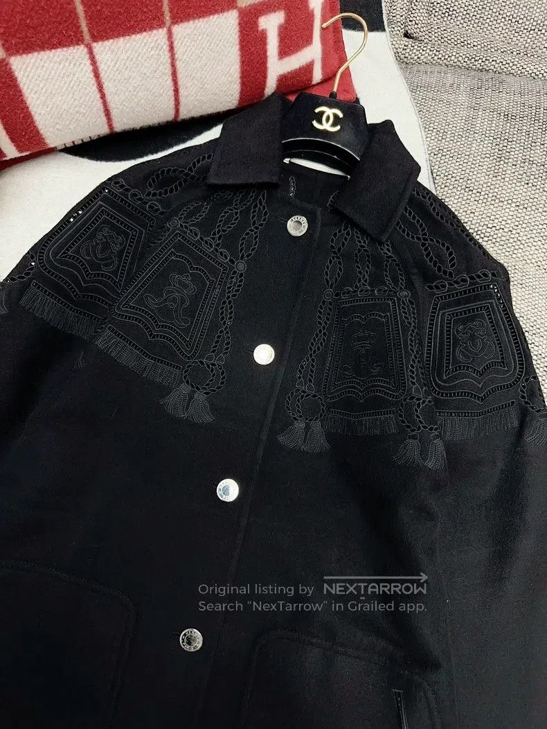 Hermes Hermes Black Cutout Embroidery Pattern Cashmere Coat Size XXS / US 00 / IT 34 - 3 Thumbnail