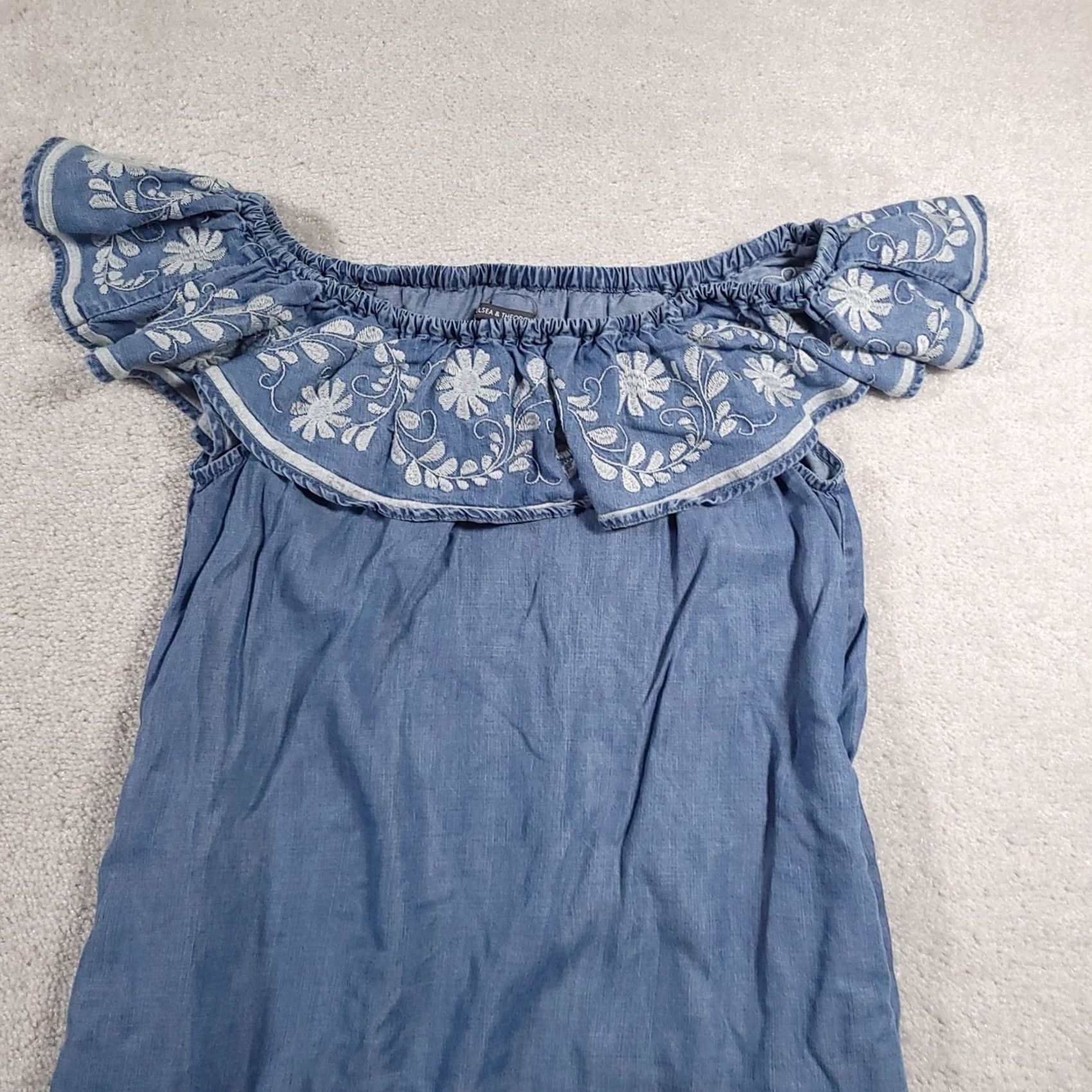 Vintage Chelsea & Theodore Dress Womens Large Blue Off Shoulder Embroidered Tencel Boho Size L / US 10 / IT 46 - 4 Thumbnail