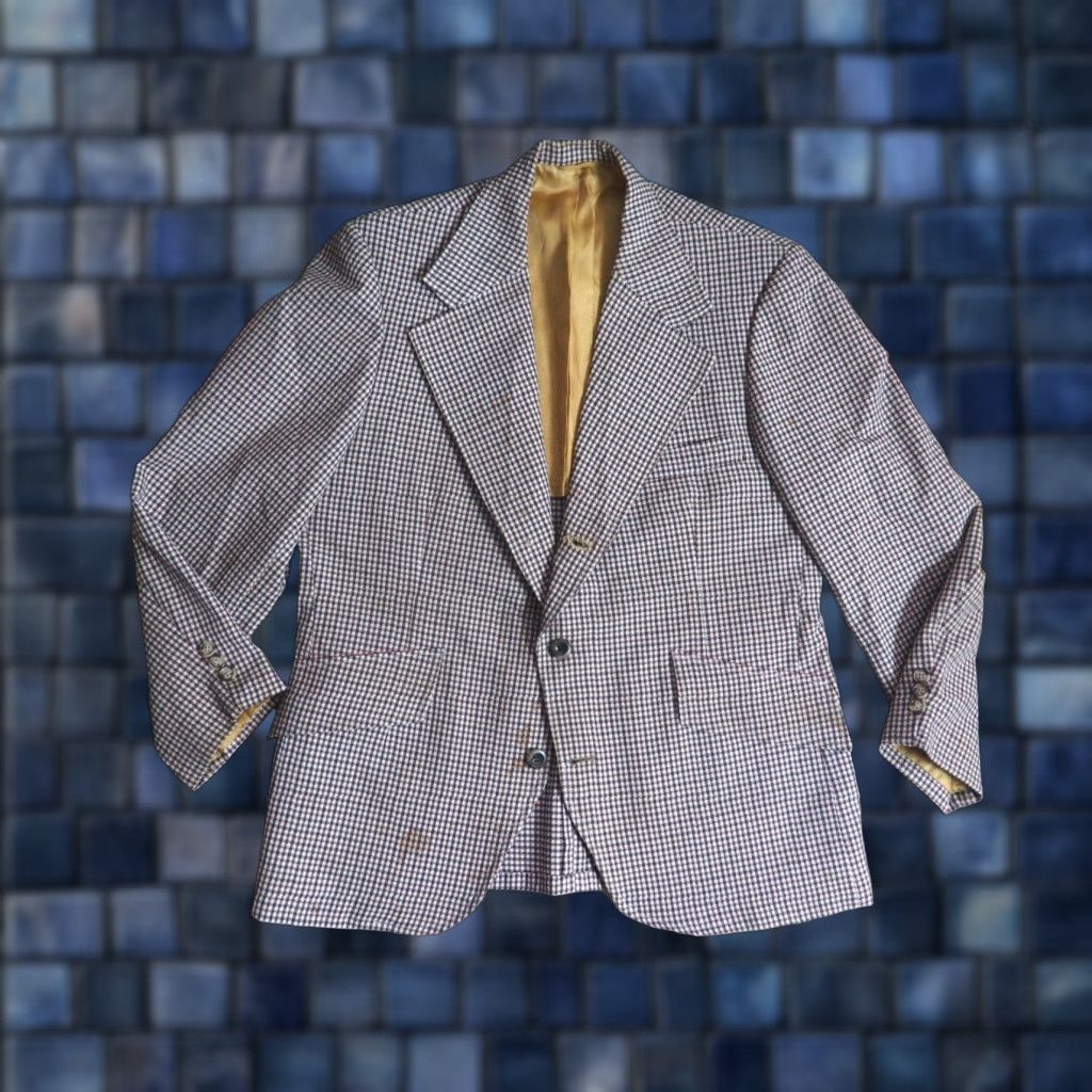 Vintage VINTAGE Johnny Carson Blazer Jacket Gingham 3 Button Brown White 60s 70s Polyester 42 Mens Size 42R - 1 Thumbnail