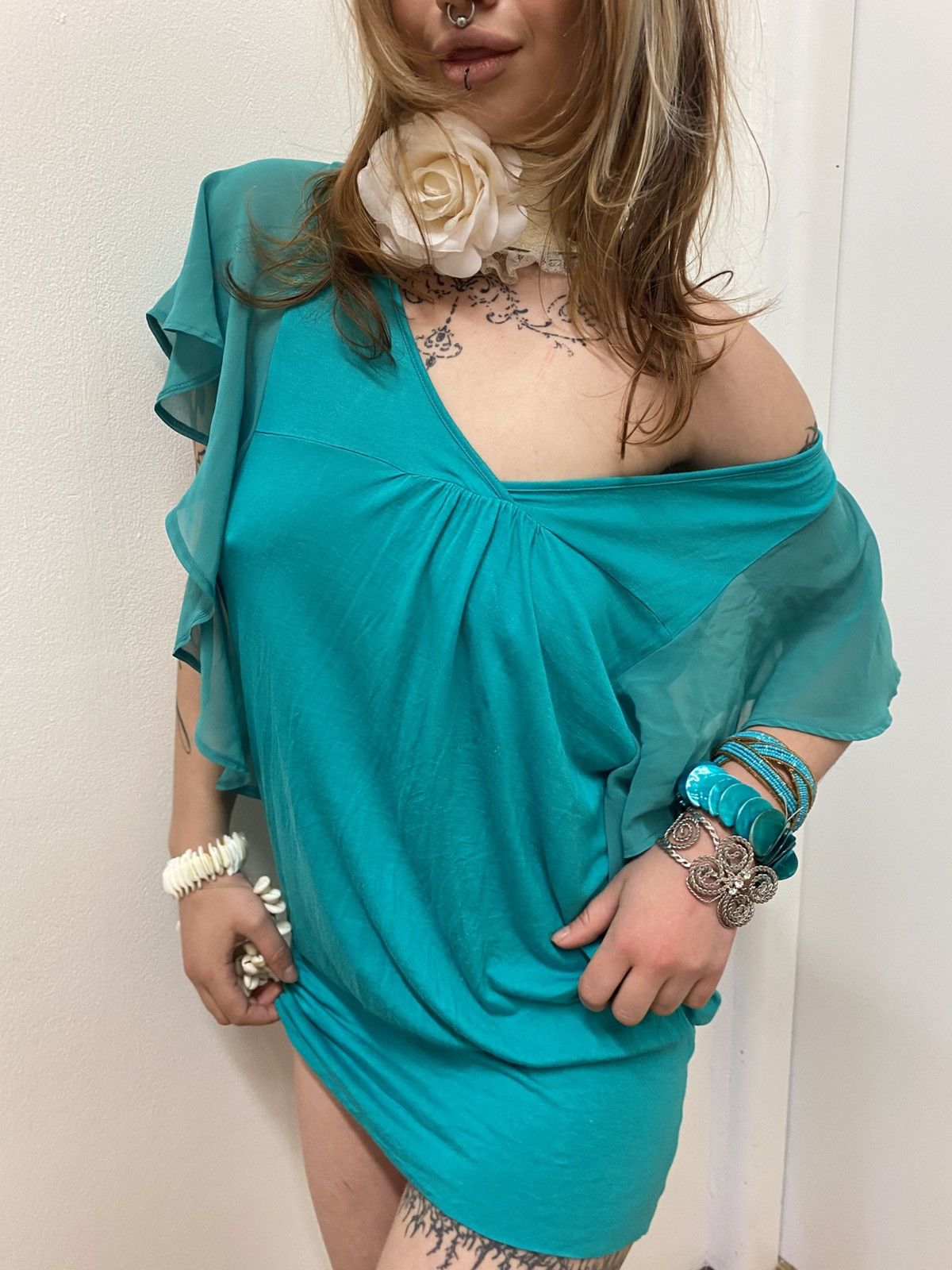 Vintage Teal loose off the shoulder mini dress with an open back Size M / US 6-8 / IT 42-44 - 1 Thumbnail