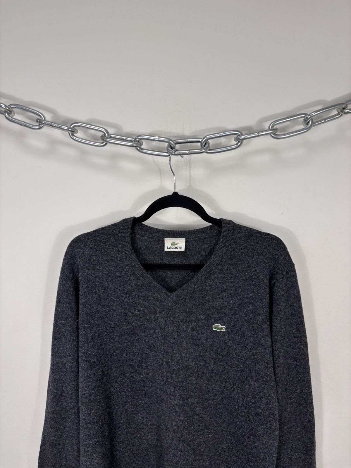 Lacoste Vintage Lacoste Men’s Dark Charcoal Grey Wool V-Neck Sweater Size US M / EU 48-50 / 2 - 2 Thumbnail