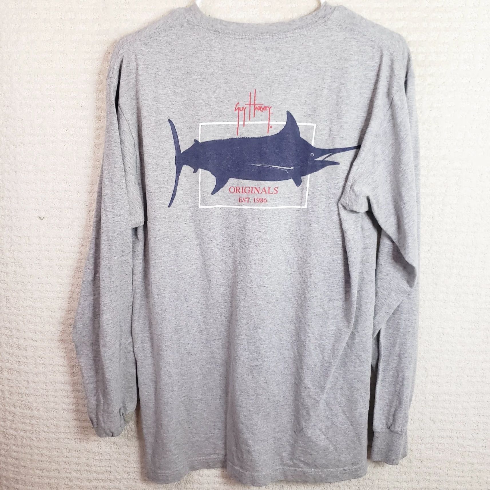 Guy Harvey Guy Harvey Long Sleeve T-Shirt Mens M Gray Crew Neck Marlin Back Logo Front & Back Graphics Jersey Solid Pattern Size US M / EU 48-50 / 2 - 5 Thumbnail