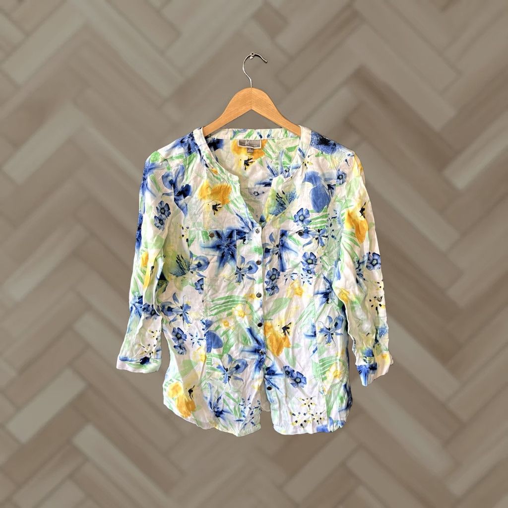 JM Collection JM Collection Womens White Floral Pattern 3/4 Sleeve Button Up Linen Size 6 Size M / US 6-8 / IT 42-44 - 1 Thumbnail