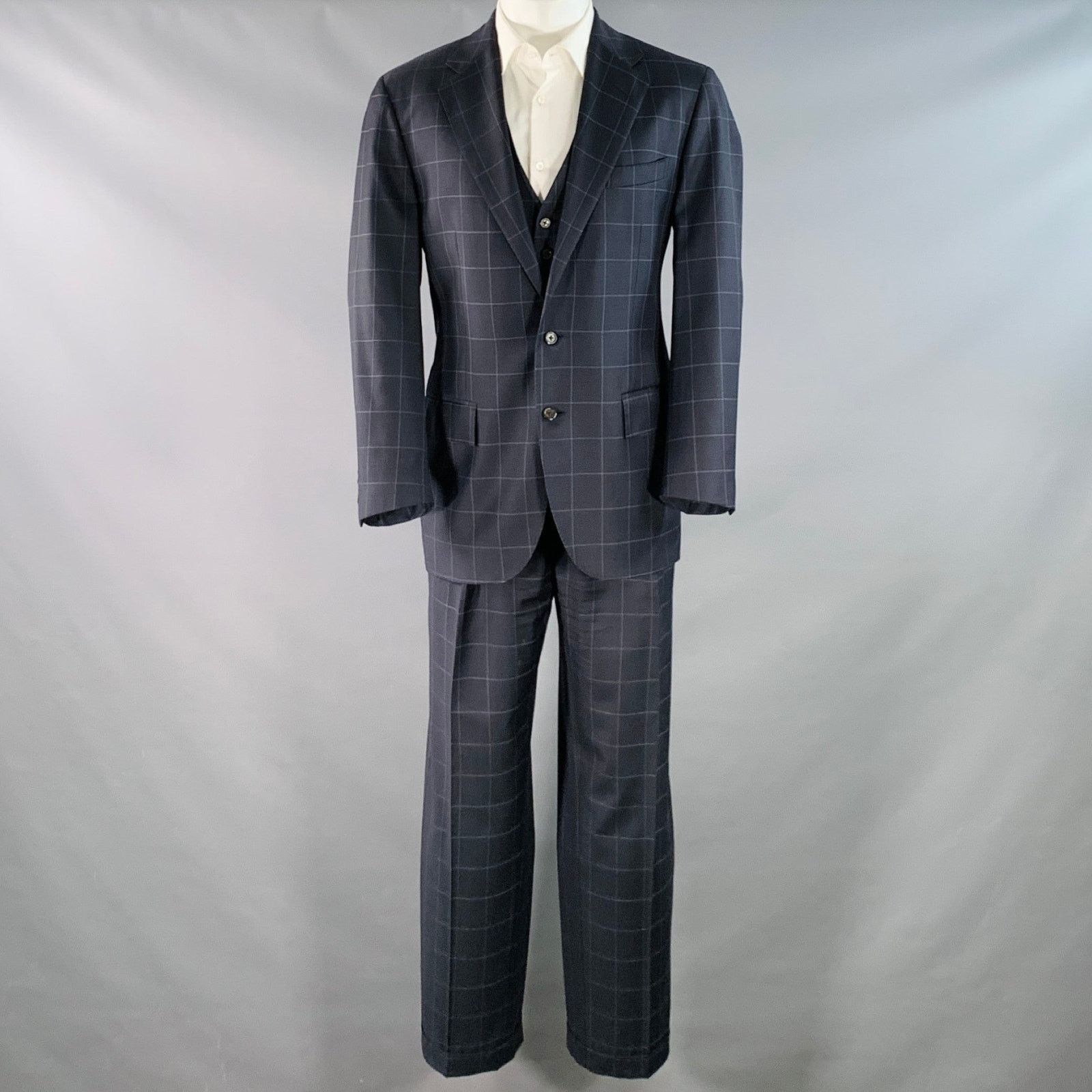 Polo Ralph Lauren Size 40 Regular Navy Grey Checkered Virgin Wool 3 Piece Suit Size 40R - 2 Thumbnail