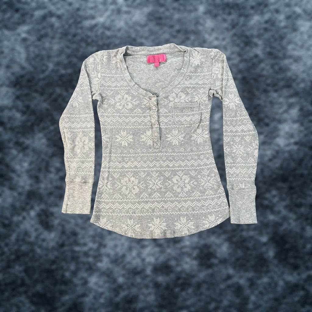 Victoria's Secret VINTAGE Victoria’s Secret Shirt Women XS Gray Henley Ribbed Y2K 2000 Thermal Fair Isle Size XS / US 0-2 / IT 36-38 - 1 Thumbnail