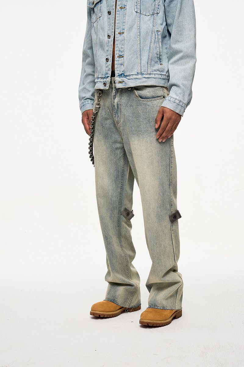Leather × Vintage Raw Hem Rustic Burr Jeans Removable Leather Strap Size US 33 - 3 Thumbnail