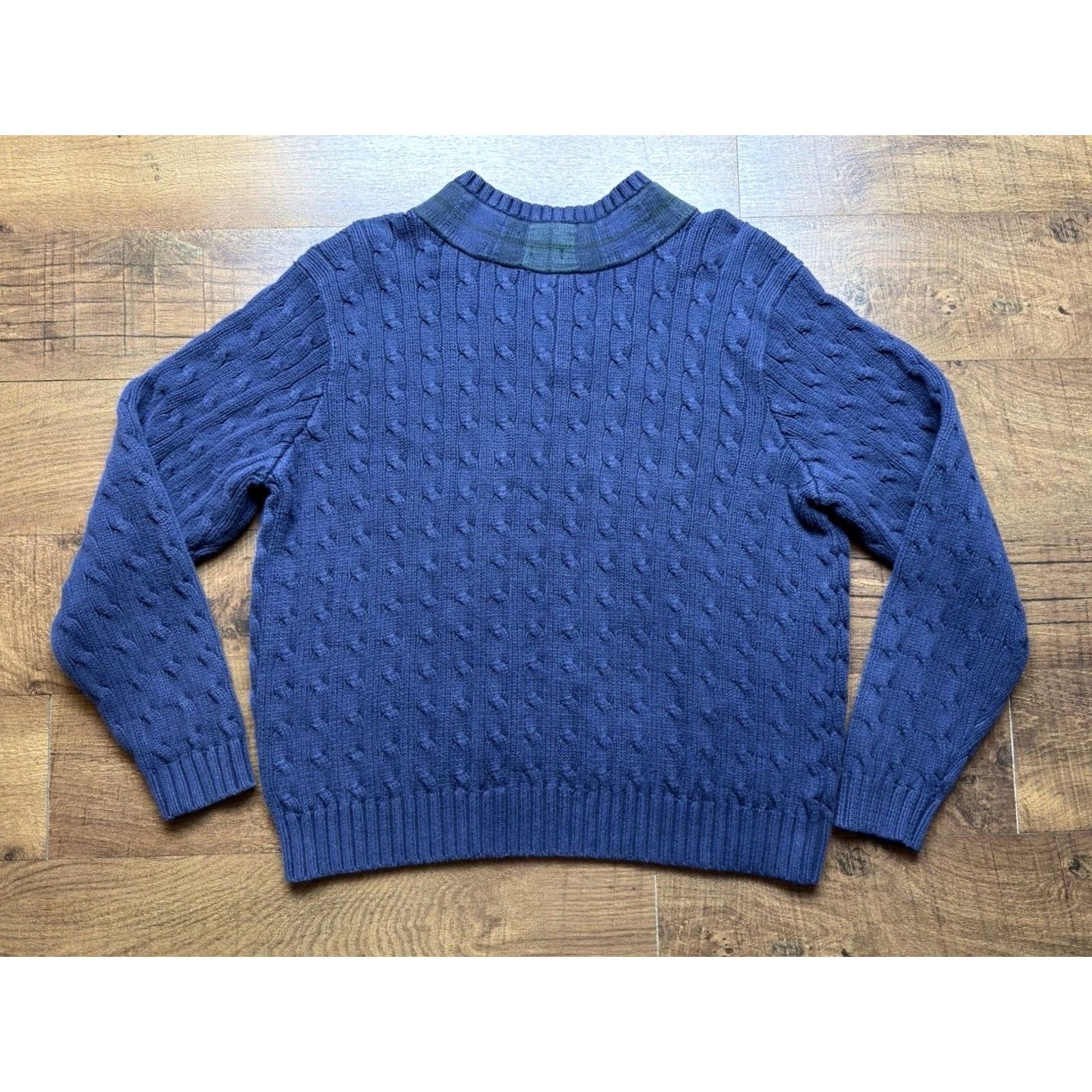 Ralph Lauren VTG Polo Ralph Lauren Cable Knit Cricket Sweater Navy Blue Plaid Collar Men's Large Size US L / EU 52-54 / 3 - 5 Thumbnail