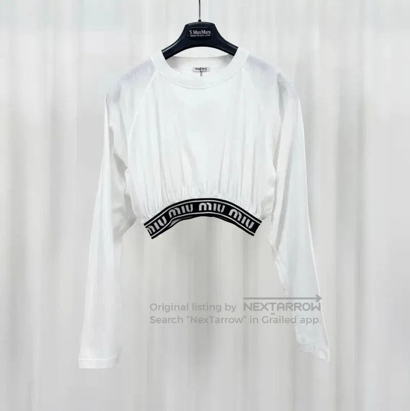 Miu Miu Miu Miu Summer White Cropped Long Sleeve T-shirt . Size S / US 4 / IT 40 - 1 Thumbnail
