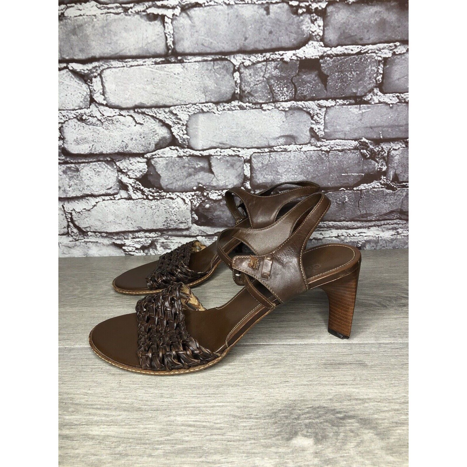 Cole Haan Cole Haan Brown Leather Woven Heel AnkleStrap Sandals Women Size US 7.5 / IT 37.5 - 15 Thumbnail