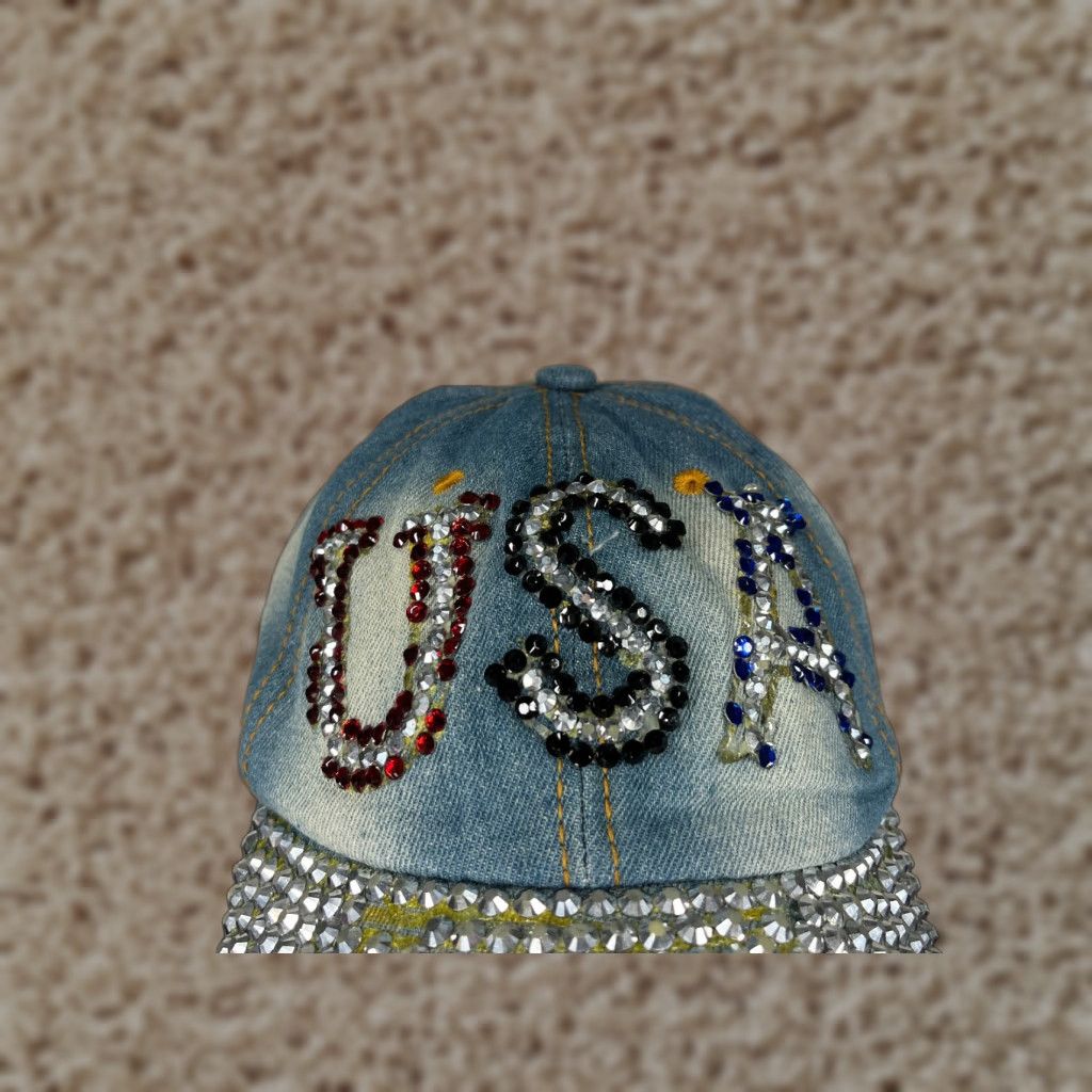 Vintage USA Hat Cap Strap Back Womens One Size Blue Bling Jeweled 100% Cotton Distressed Baseball Cap Size ONE SIZE - 1 Thumbnail