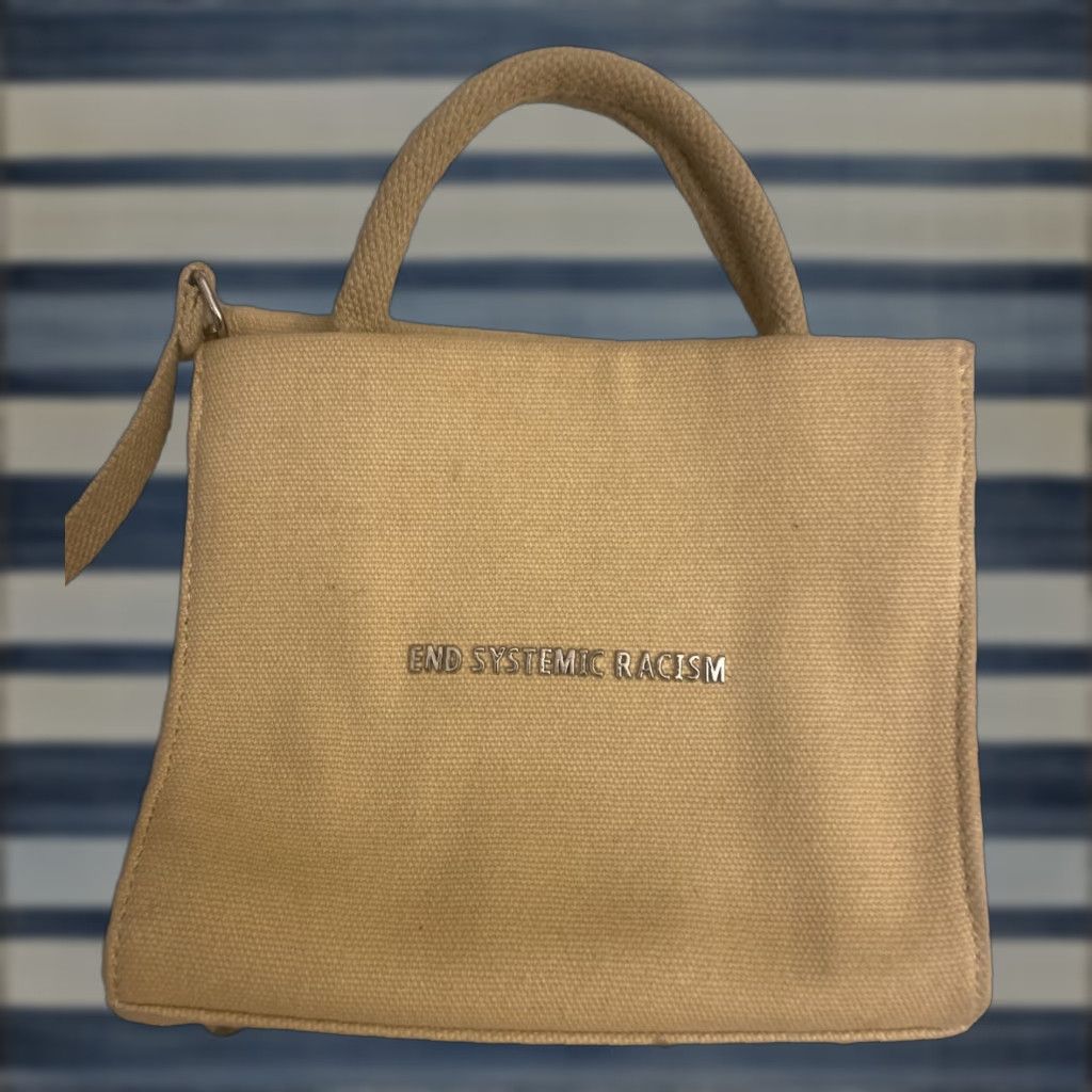 Brandon Blackwood Brandon Blackwood End Systemic Racism Tan Cream Canvas Mini Tote Bag Crossbody Mini Bag Womens Size ONE SIZE - 1 Thumbnail