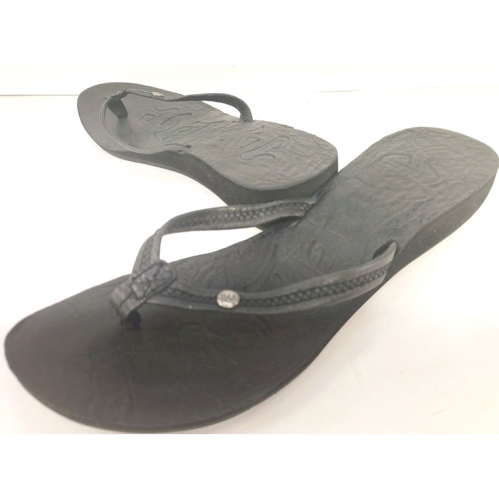 Doublet Mad Love Double Down Thong Wedge Sandals Women's 9M Black Leather Footbed Leather Trimwork Slip On Low Heel Casual Comfort & Style Sandal Size US 9 / IT 39 - 2 Thumbnail