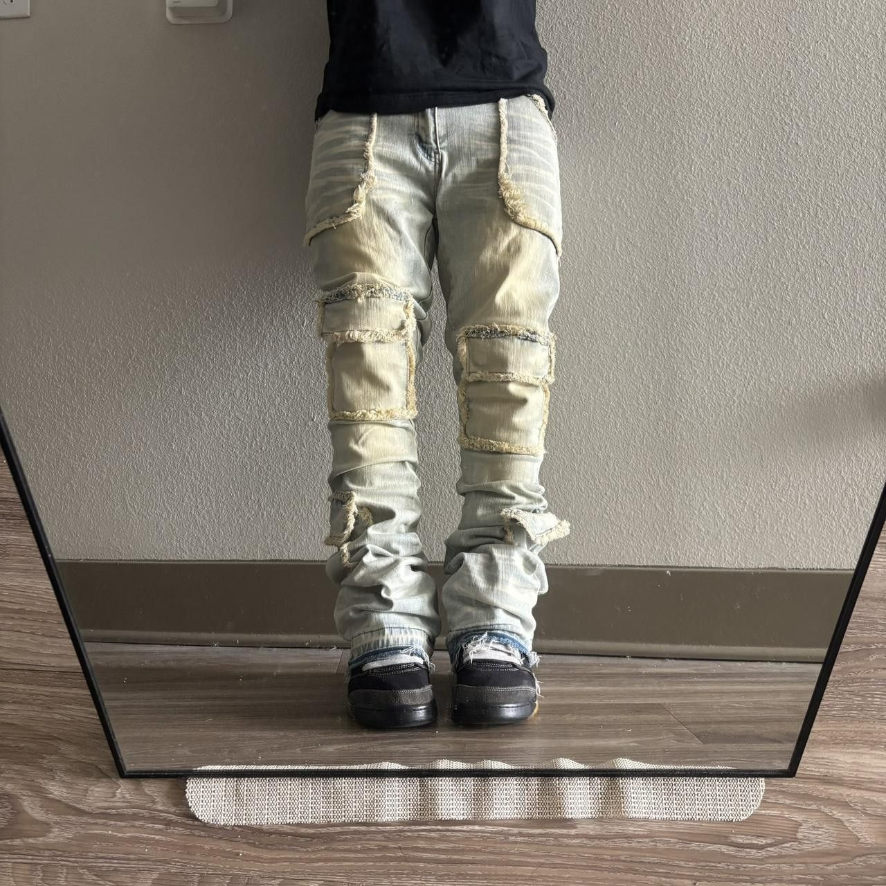 Crazy Faded Distressed Light Wash Streetwear Stacked Flared Denim Jeans! 36x38