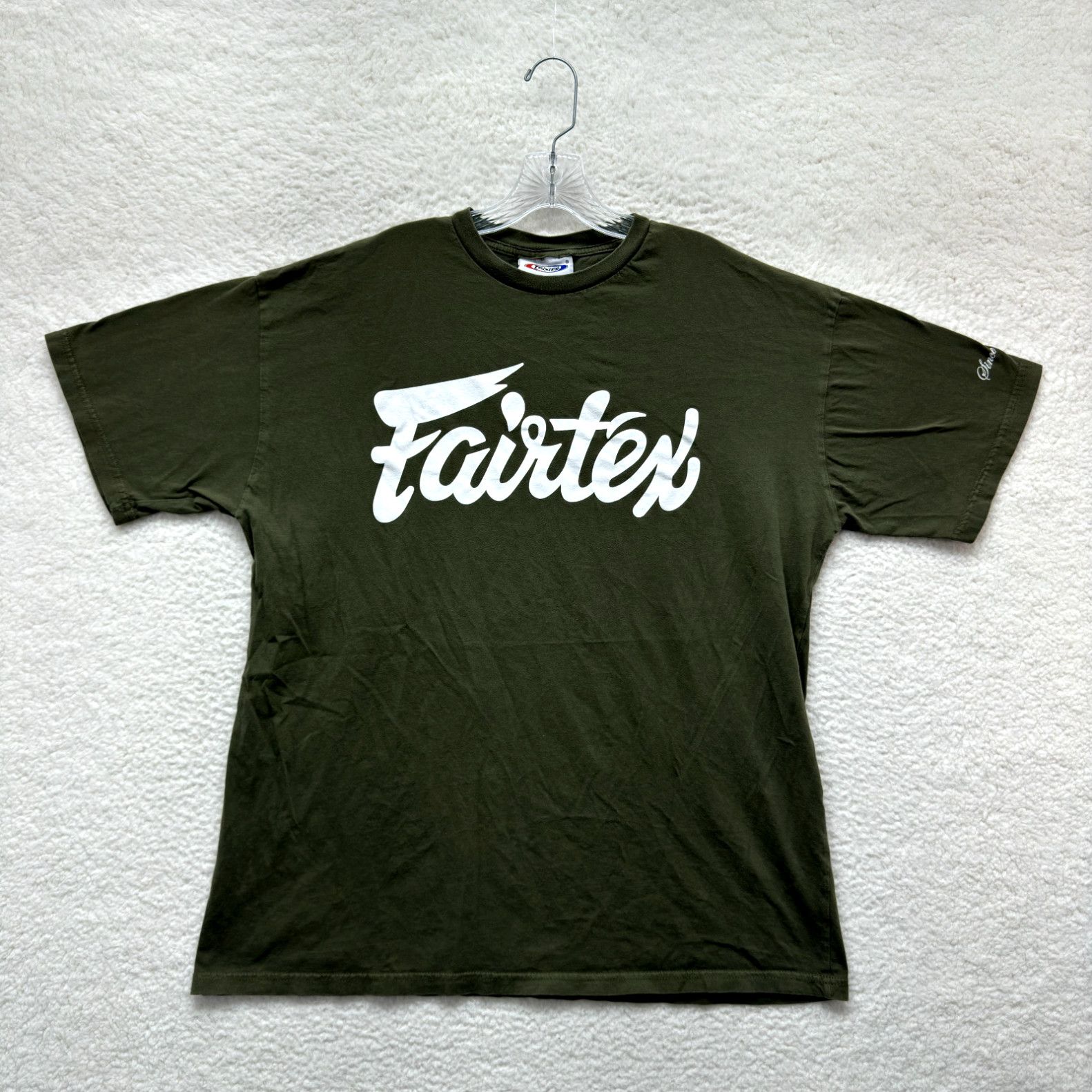 Image of Vintage Fairtex T-Shirt XL Mens Green Muay Thai Kickboxing Gym Logo Spellout in White