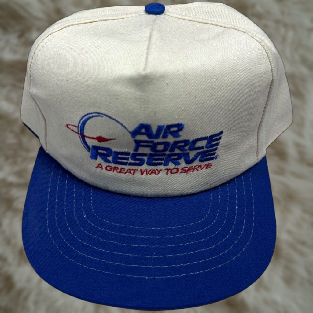 Vintage VINTAGE Air Force Reserve A Great Way To Serve Snapback Hat Beige Blue Mens One Size Beige/Blue Snapback Ball Cap Size ONE SIZE - 1 Thumbnail