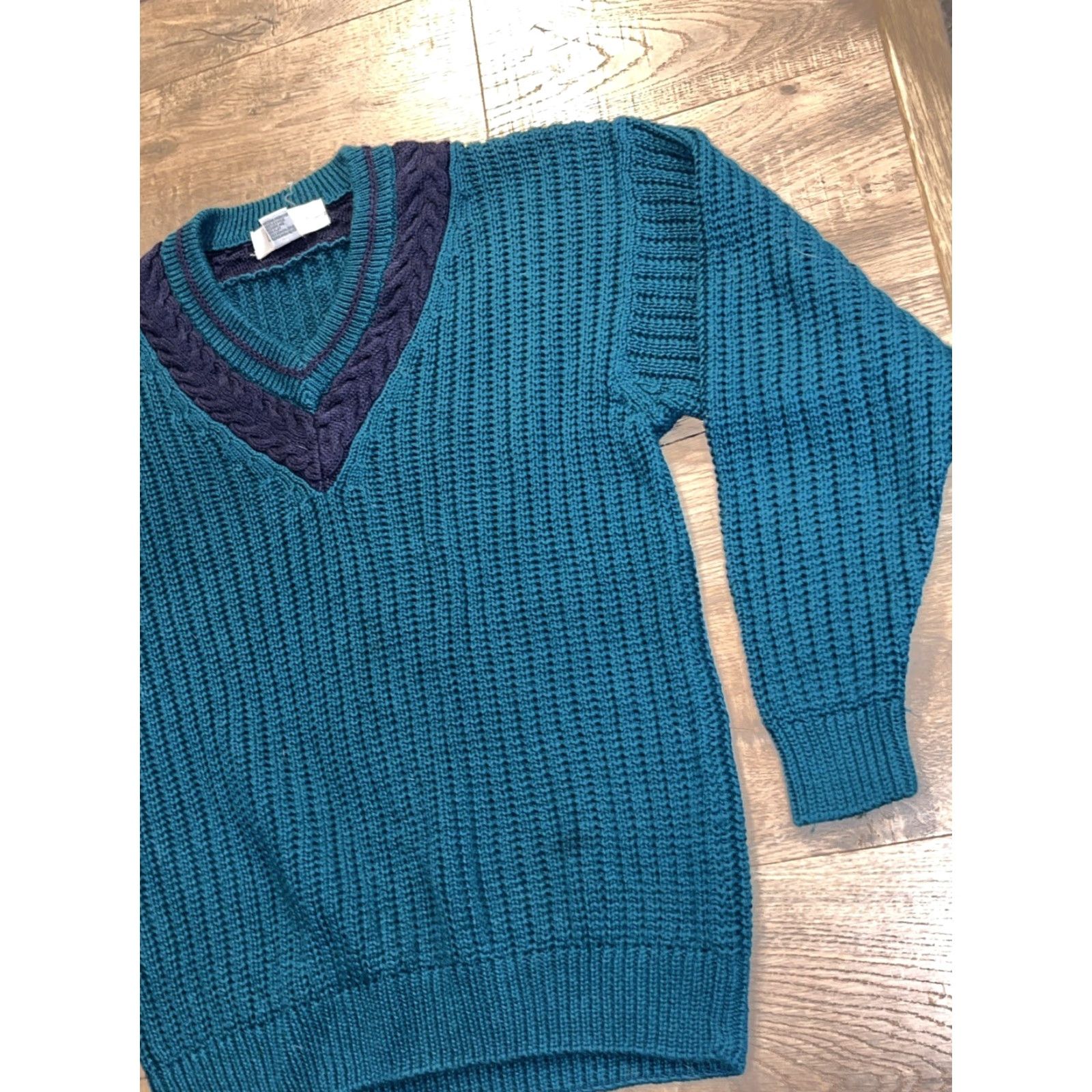 Vintage INSITE Sweater Turquoise Blue Cable Knit Navy Blue Stripe V Neck Preppy Men’s Lg Size US L / EU 52-54 / 3 - 6 Thumbnail