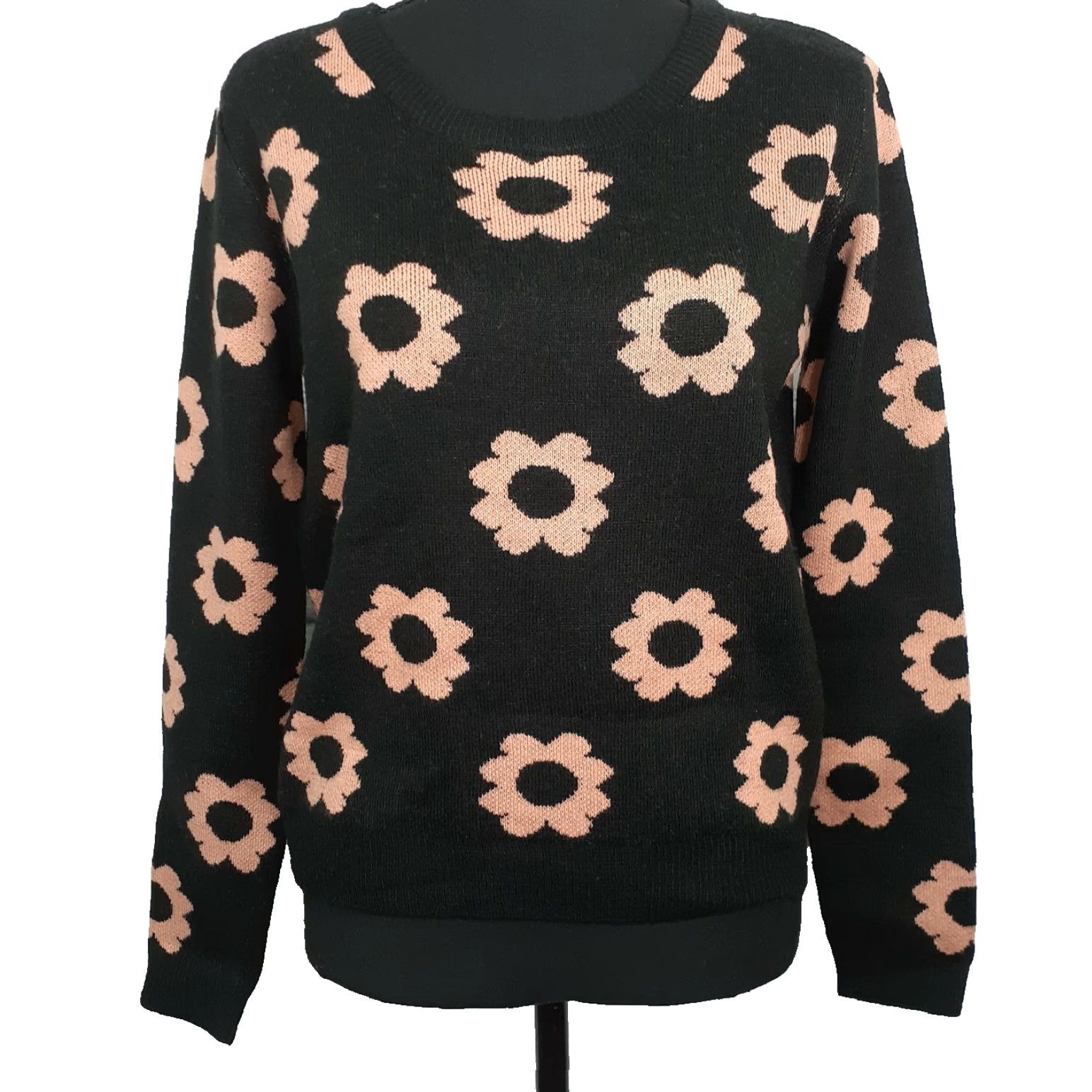 Vintage VINTAGE Coincidence & Chance Floral Knit Sweater Long Sleeve Small Black Acrylic Womens Pullover Round Neck Casual Size S / US 4 / IT 40 - 2 Thumbnail