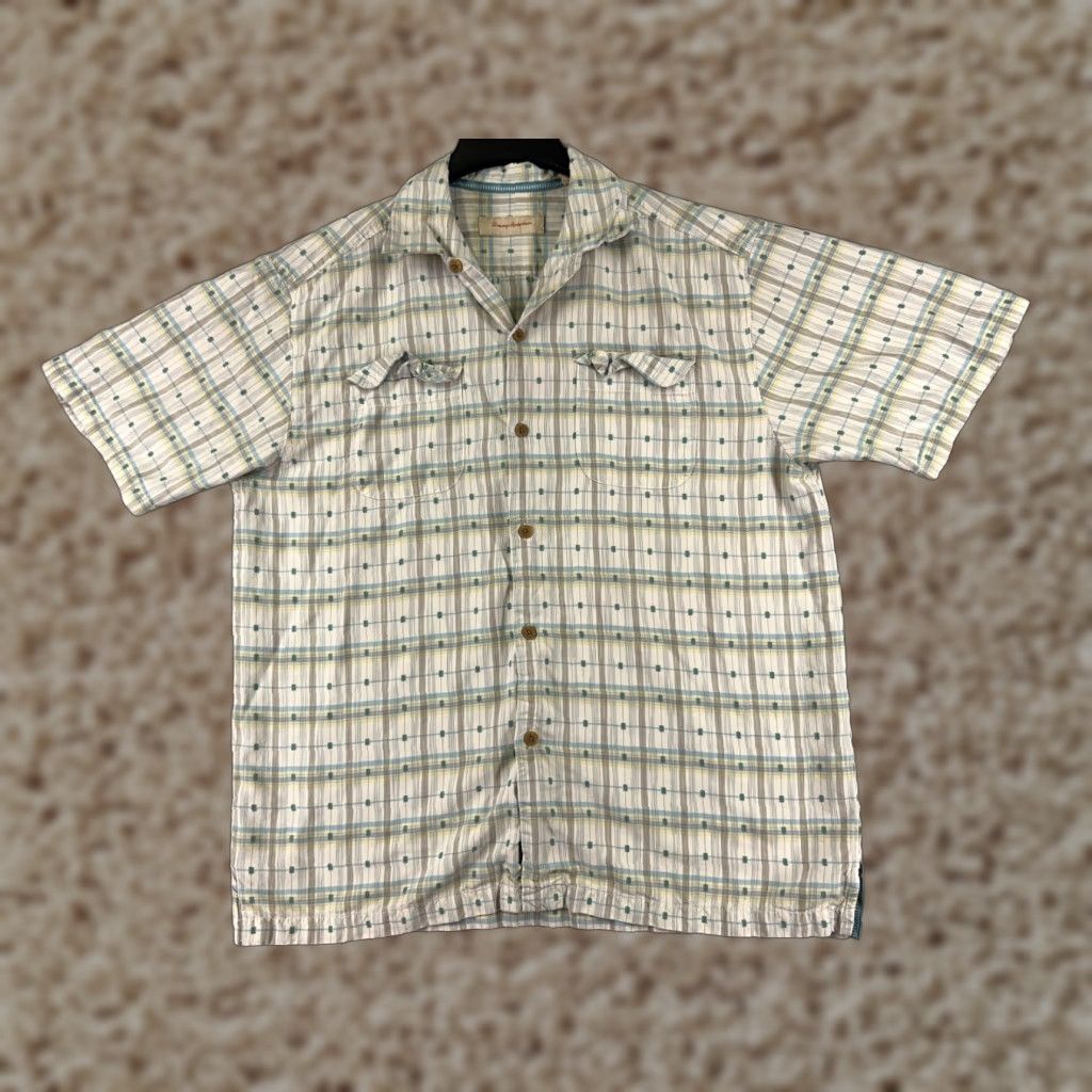Tommy Bahama Tommy Bahama Shirt Men Large Beige Plaid Button-Up Silk Blend Camp Double Pocket Casual Size US L / EU 52-54 / 3 - 1 Thumbnail