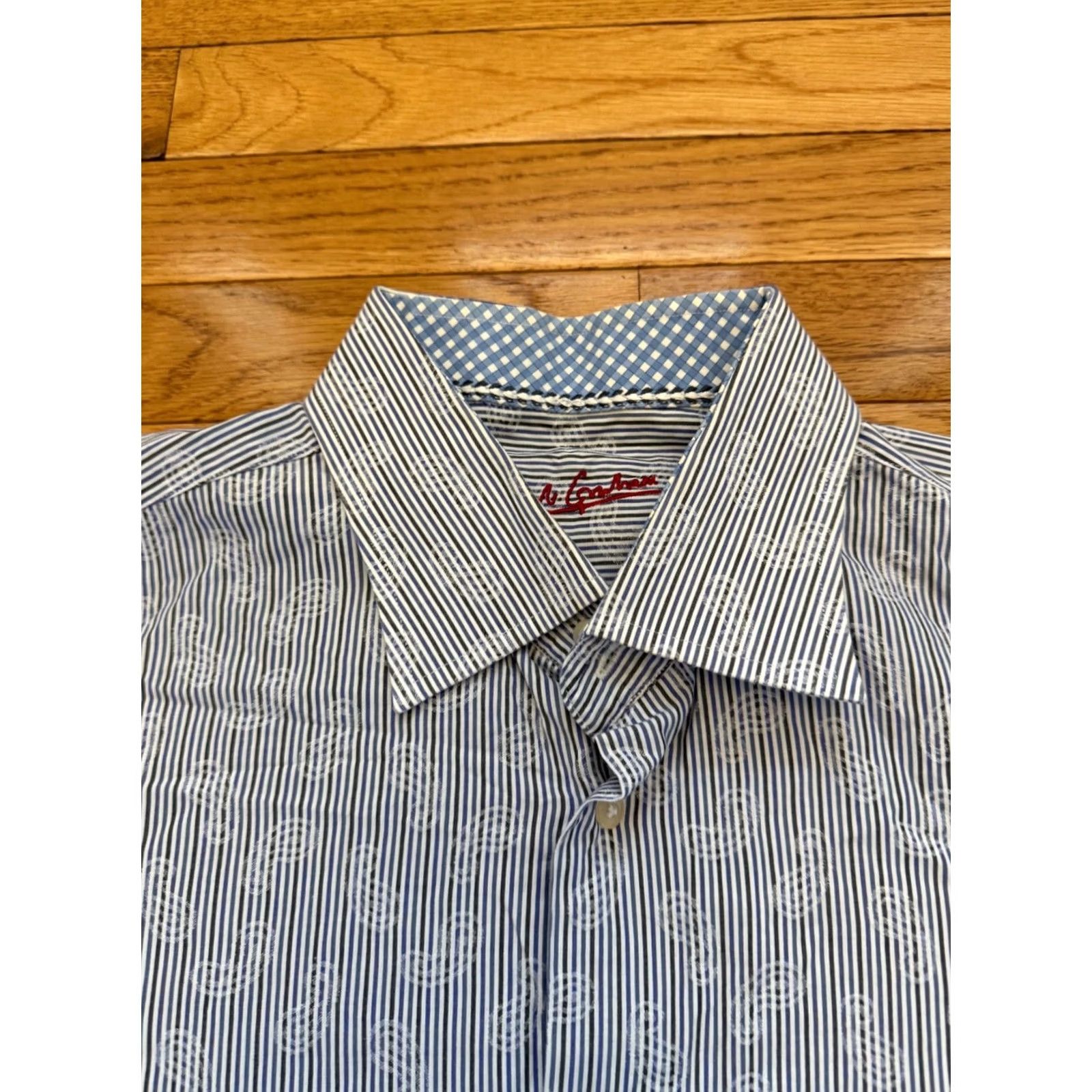 Robert Graham Robert Graham Shirt Mens 44 17 1/2 Blue Striped French Cuff Button Up Top EUC Size US XXL / EU 58 / 5 - 2 Thumbnail