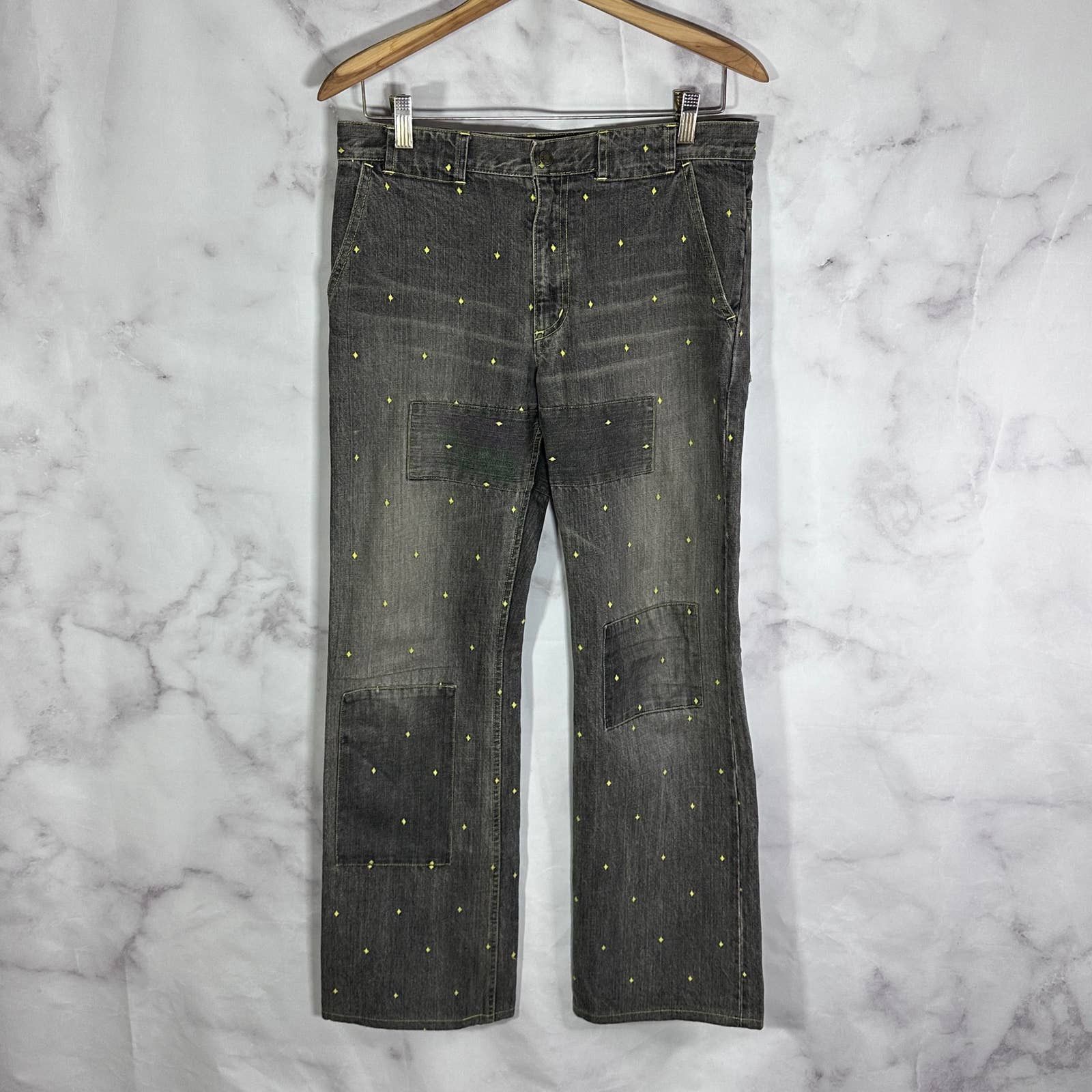 image of Jun Takahashi x Undercover S/s02 “Illusion Of Haze” Embroidered Diamond Patchwork Denim in Grey (Si