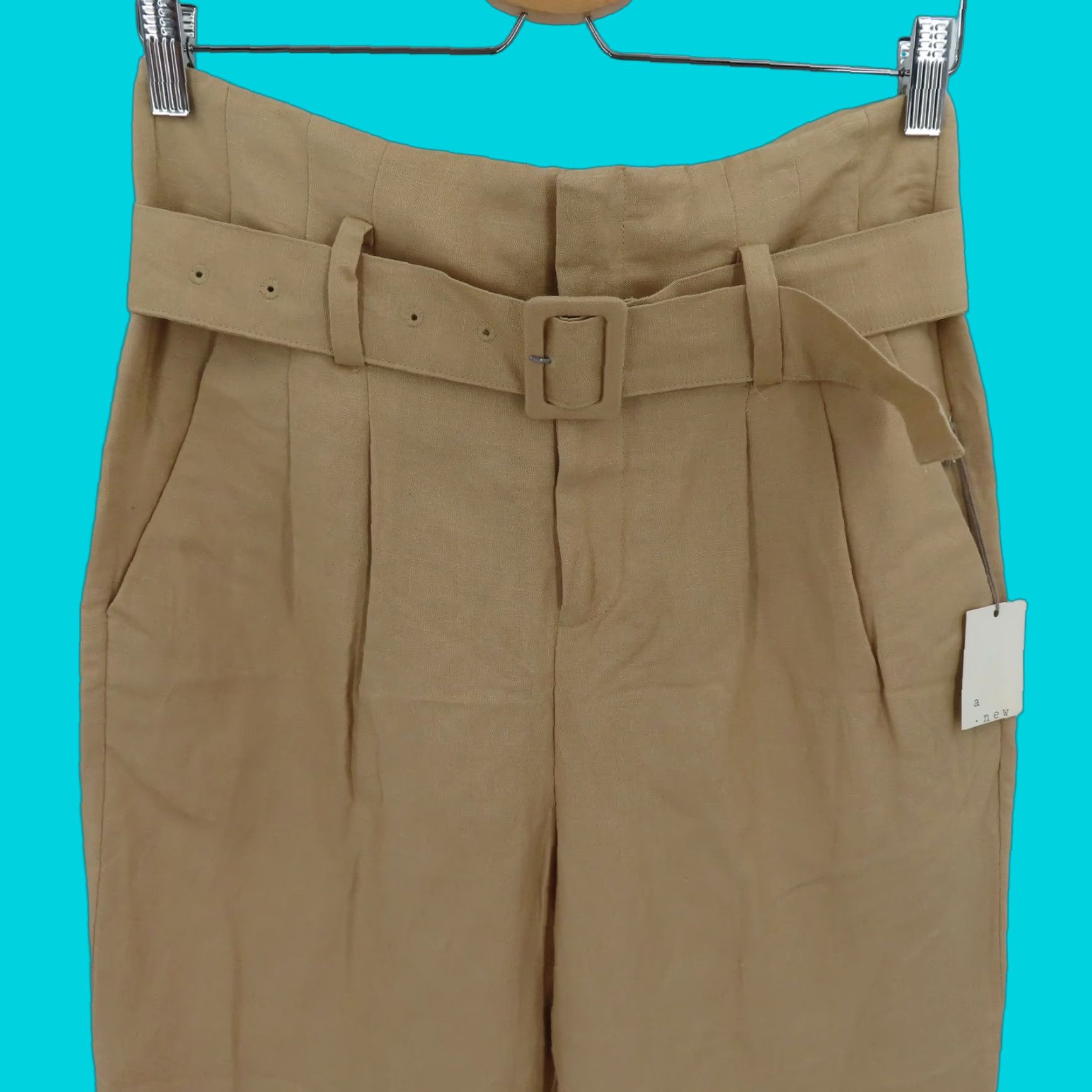 Vintage A New Day Womens 2 Pants Belted Linen Blend High Waist Brown Tan Dress Pants Modern Workwear Size 26" / US 2 / IT 38 - 1 Thumbnail