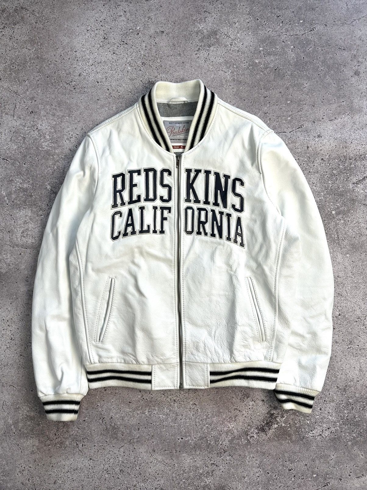 image of Vintage Redskins California Bomber Leather Jacket Varsity in White, Men's (Size XL)