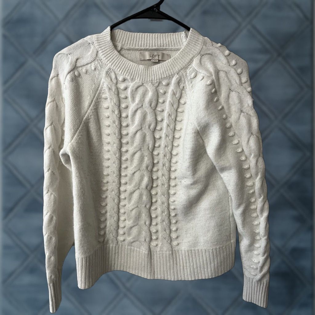 Loft LOFT Plus Size S White Textured Cable Knit Sweater Polyester Acrylic Wool Blend Size S / US 4 / IT 40 - 1 Thumbnail