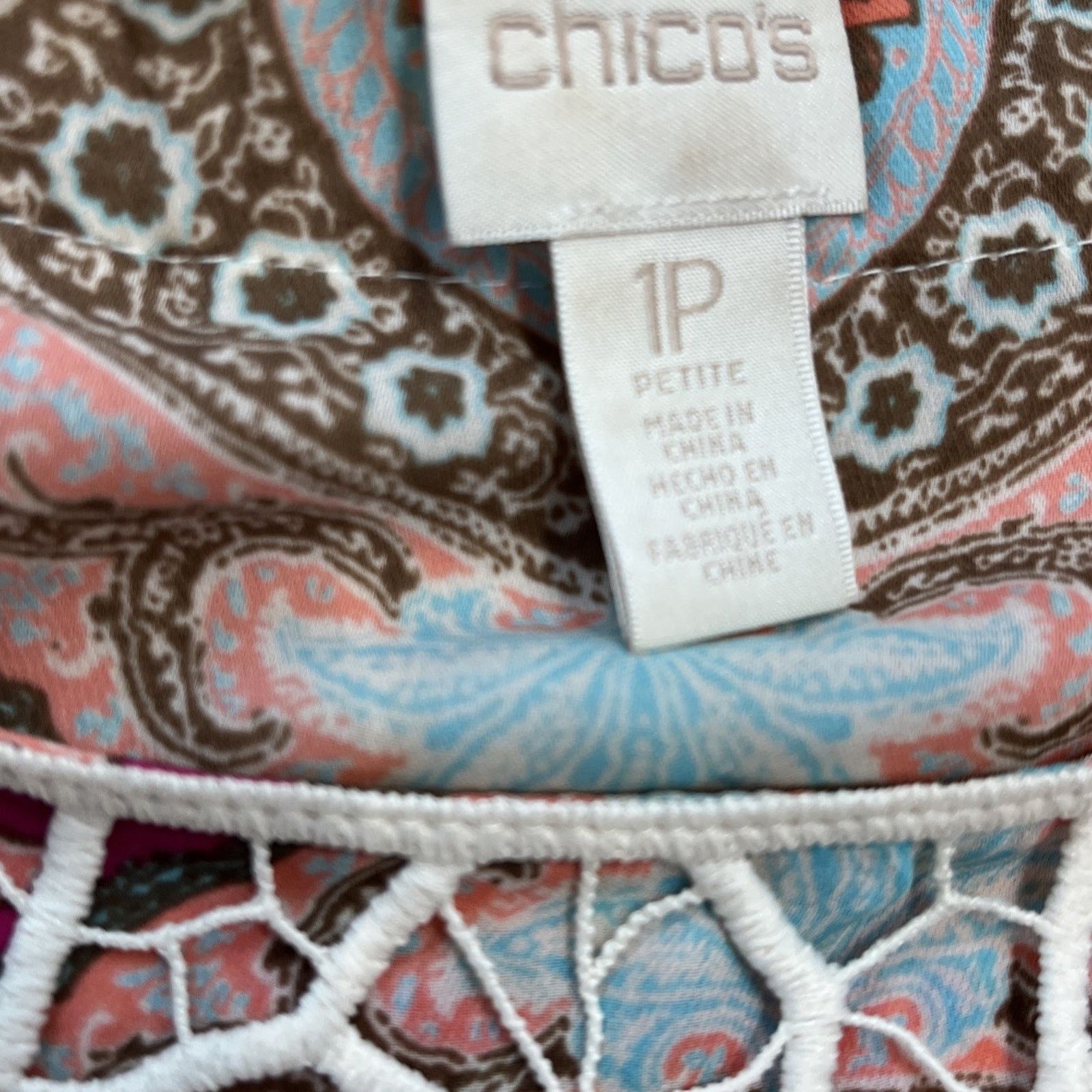 Chicos Chicos 3/4 Sleeve Safari Chic Crochet Trim Blouse Women's 1P Size XS / US 0-2 / IT 36-38 - 6 Thumbnail
