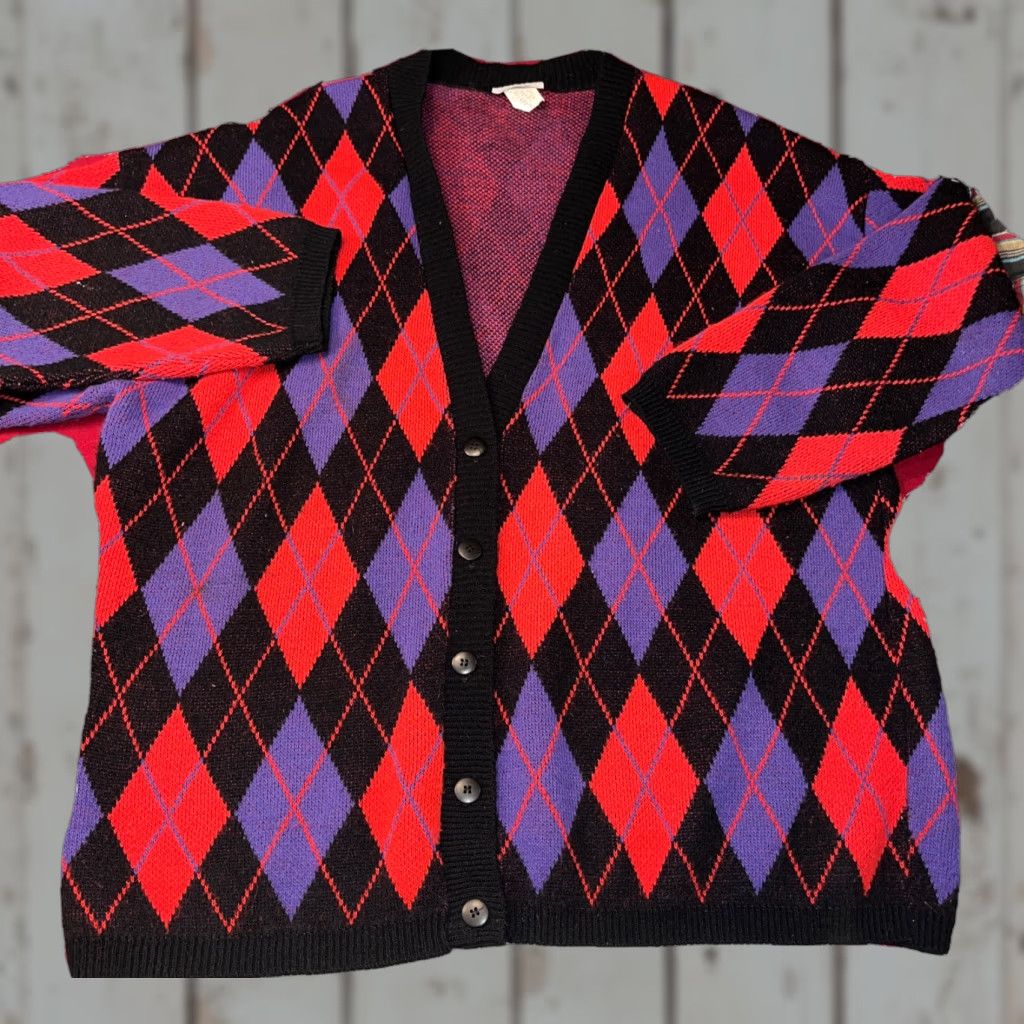 VINTAGE ARGYLE SWEATER Cardigan dark academia red Purple Black BUTTON XXL Women