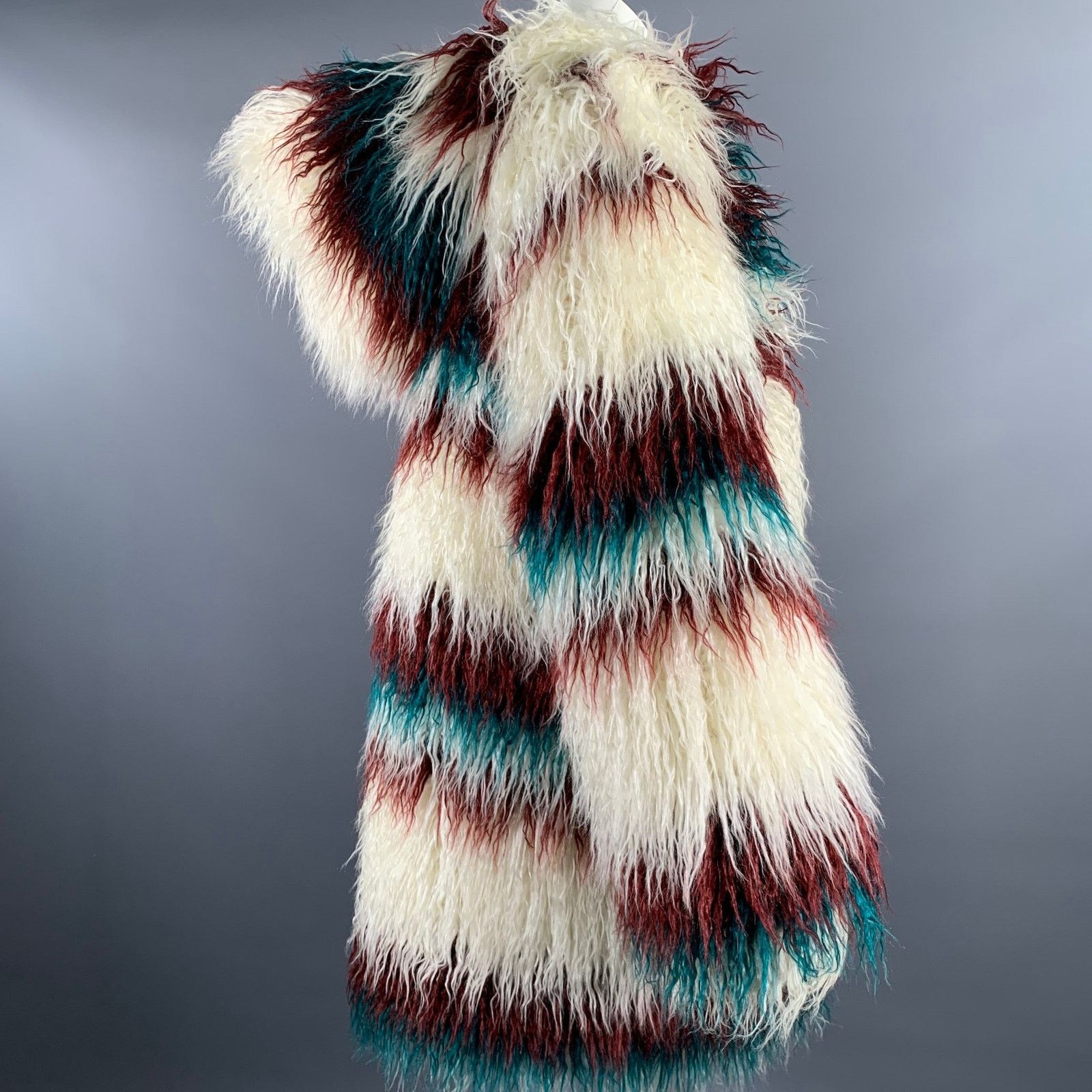 FRIED RICE FRIED RICE One Size White Burgundy Teal Stripe Faux Fur Coat Size US M / EU 48-50 / 2 - 4 Thumbnail