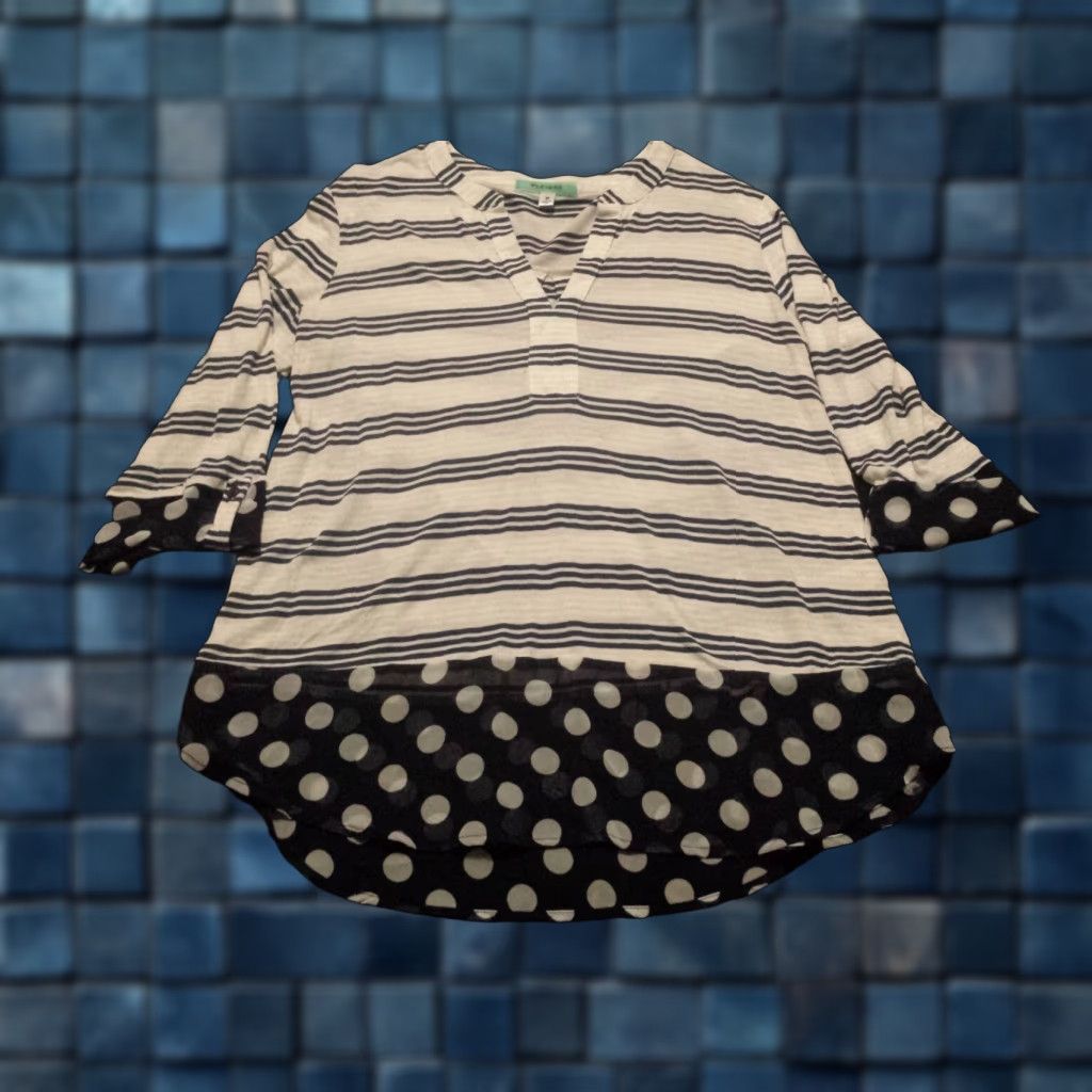 Vintage Pleione Shirt Blouse M Blue Striped V-Neck 3/4 Sleeve Polyester Rayon Womens Size M / US 6-8 / IT 42-44 - 1 Thumbnail