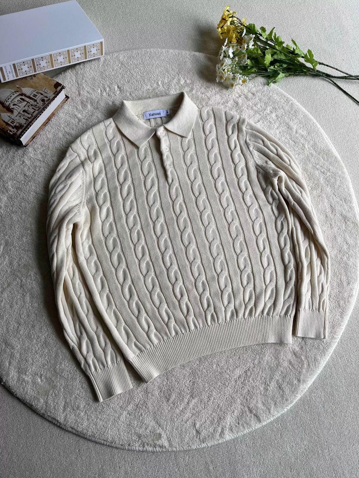Vintage Cable Knit Polo Sweater for Men, Classic Fit Sweater Size US L / EU 52-54 / 3 - 1 Thumbnail