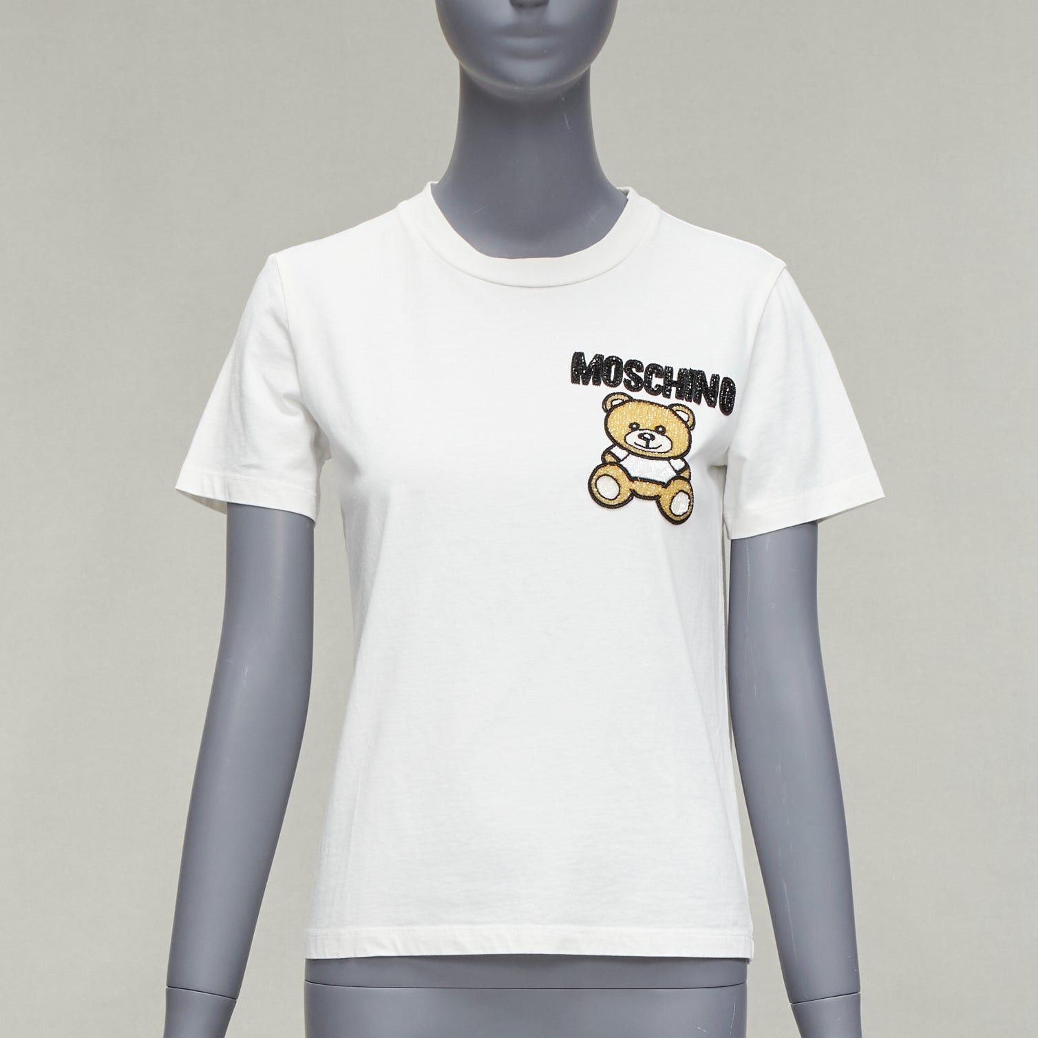 image of Moschino White Black Brown Beaded Embroidery Bear Short Sleeve Tshirt It38 Xs, Women's