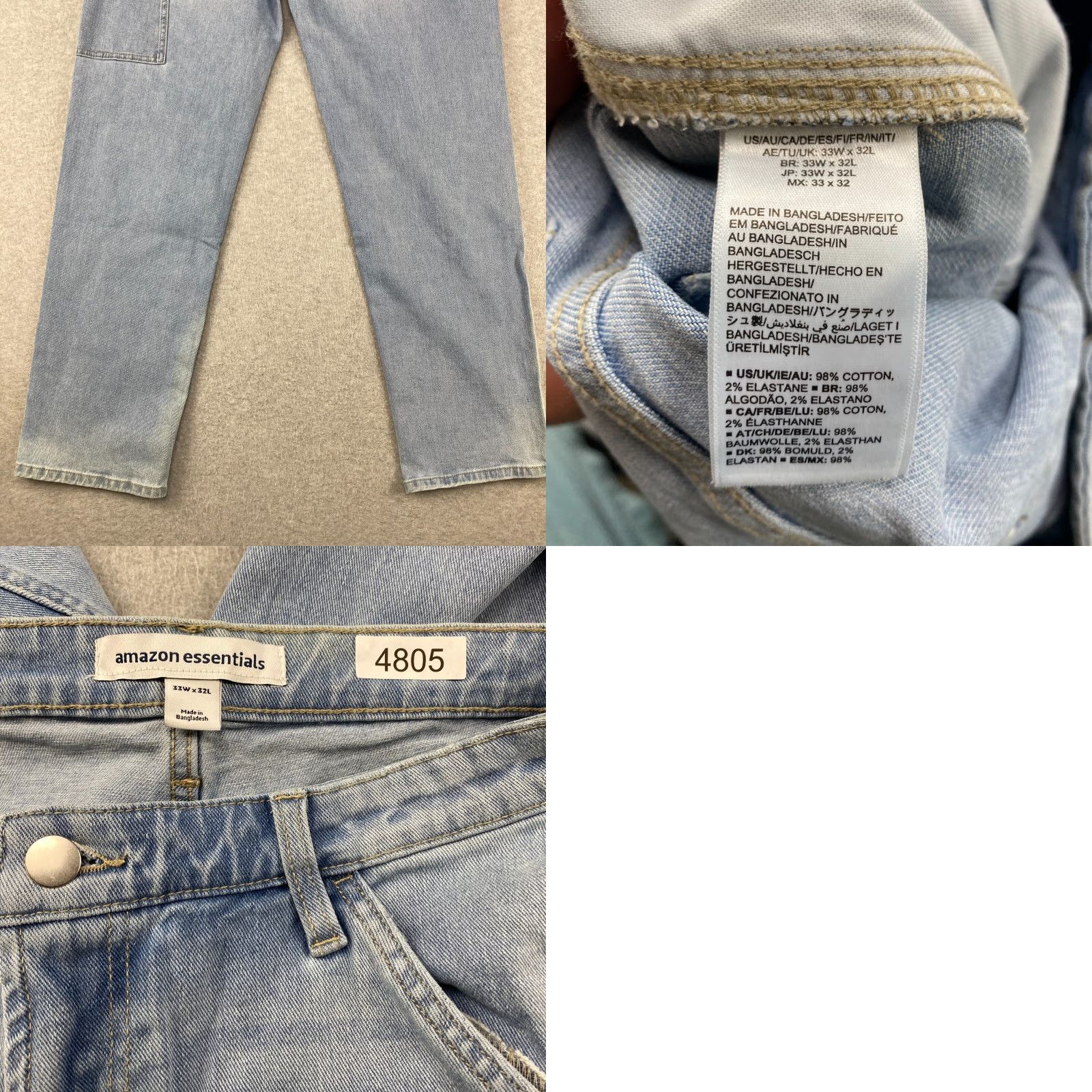 Essentials Amazon Jeans Mens 33X32 Blue Straight Leg Pockets Loose Fit Light Distressed 5-Pocket Denim Slim Classic Modern Mens Size US 33 - 9 Thumbnail
