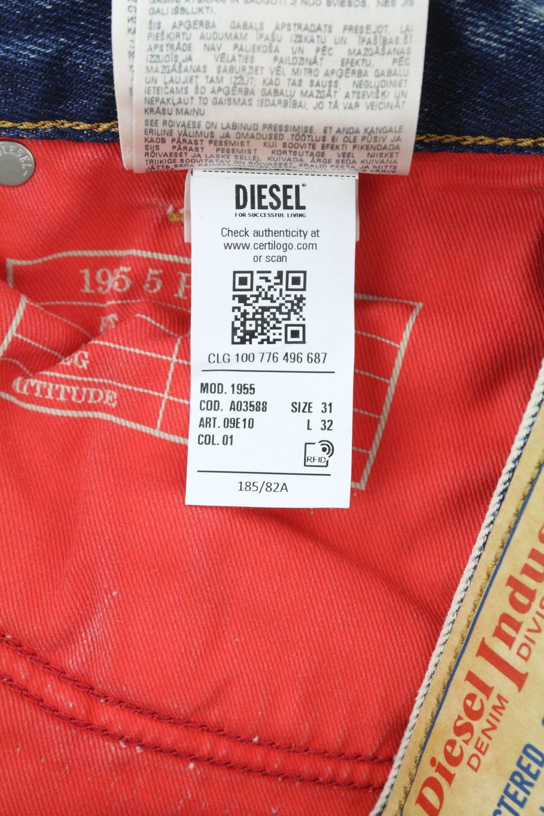 Diesel 1955 09E10 W31/L32 Blue Regular Straight Distress 85392 Size US 31 - 12 Thumbnail