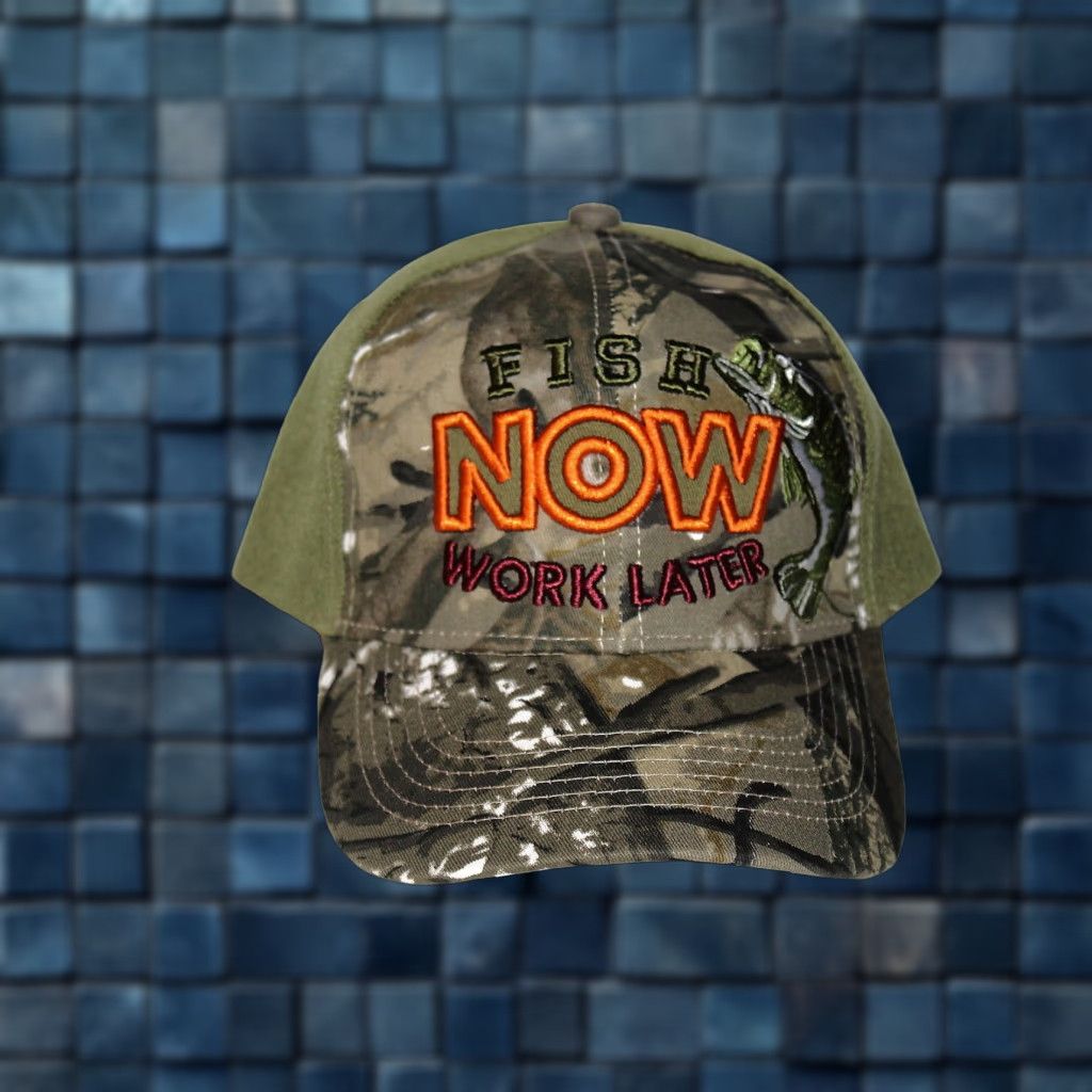 Vintage VINTAGE CALI Fish Now Work Later Fishing Baseball Cap Adjustable Men One Size Olive Green Camo Size ONE SIZE - 1 Thumbnail
