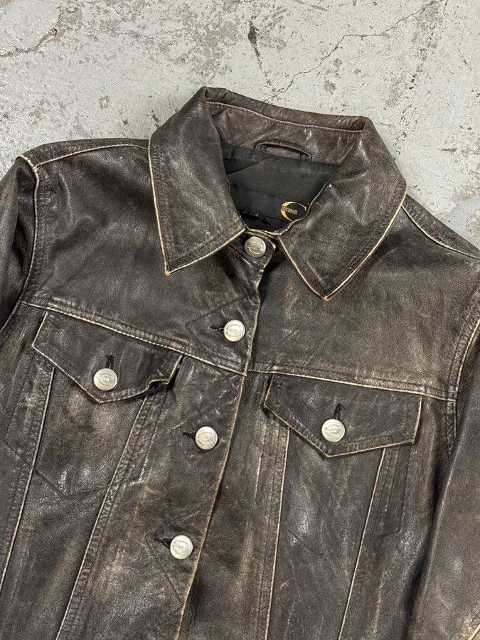 Just Cavalli 2000s Cavalli Grey Eroded Leather Trucker Jacket Size S / US 4 / IT 40 - 6 Thumbnail