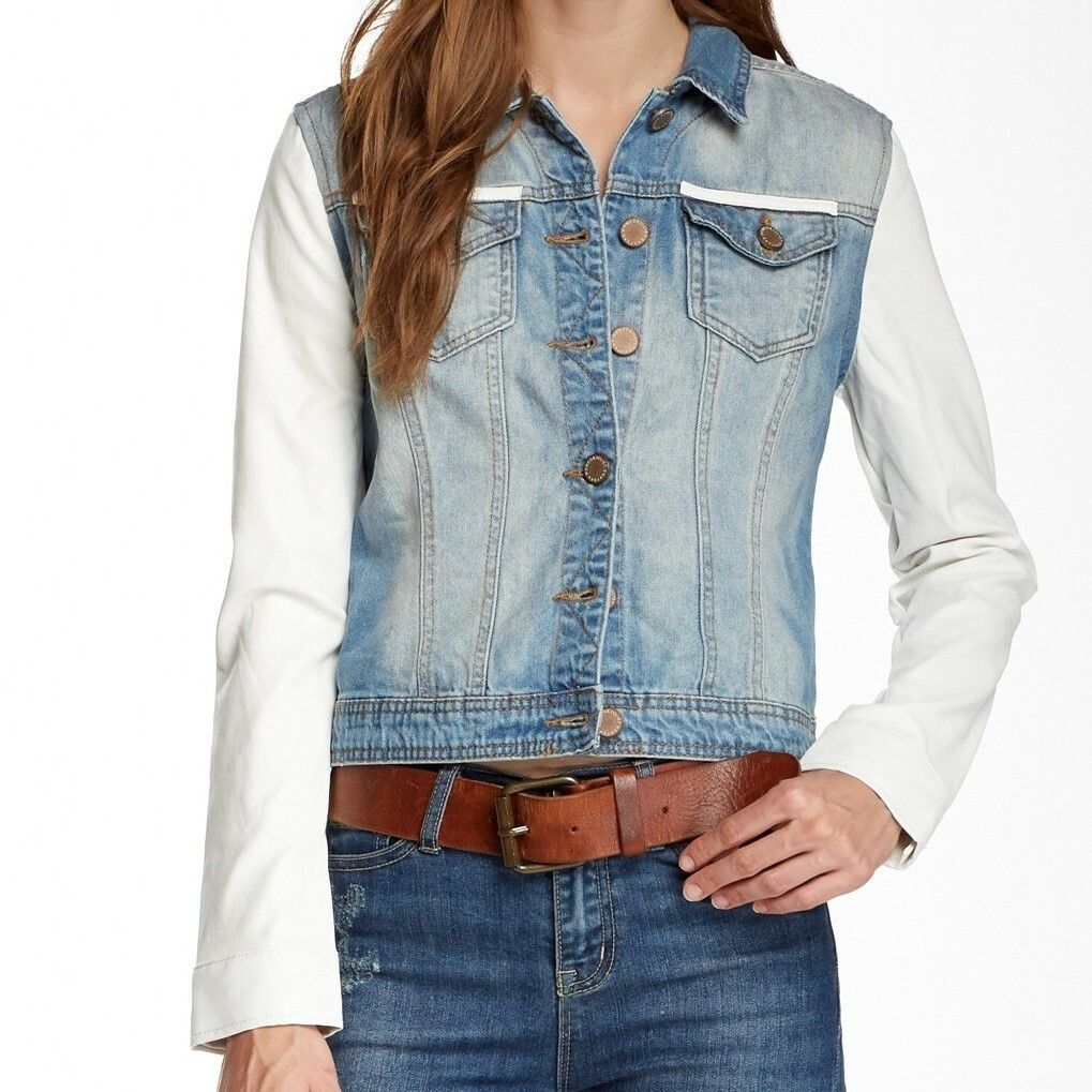 Romeo & Juliet Couture Faux Leather Sleeve Denim Jean Jacket
