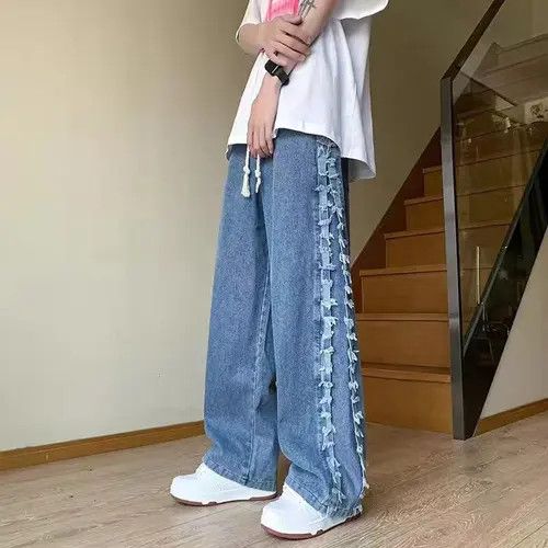 VIBE Retro High Street Raw Edge Loose Straight Jeans Size US 32 / EU 48 - 6 Thumbnail