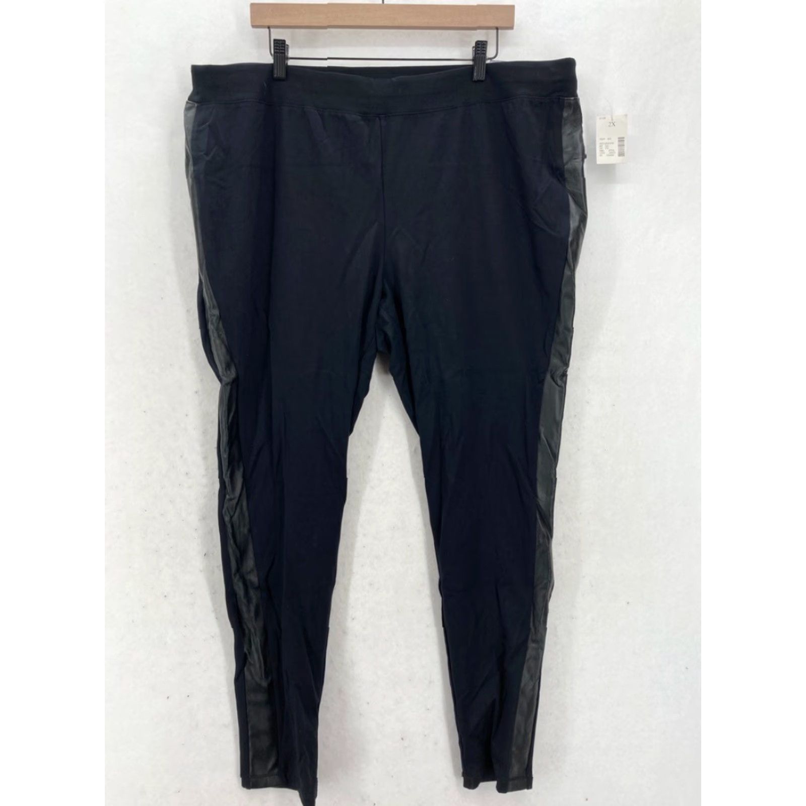 Vintage Catherines Secret Slimmer Knit Leggings Women's 2X Black Faux Leather Stripe NWT Leggings Size 40" / US 18 - 2 Thumbnail