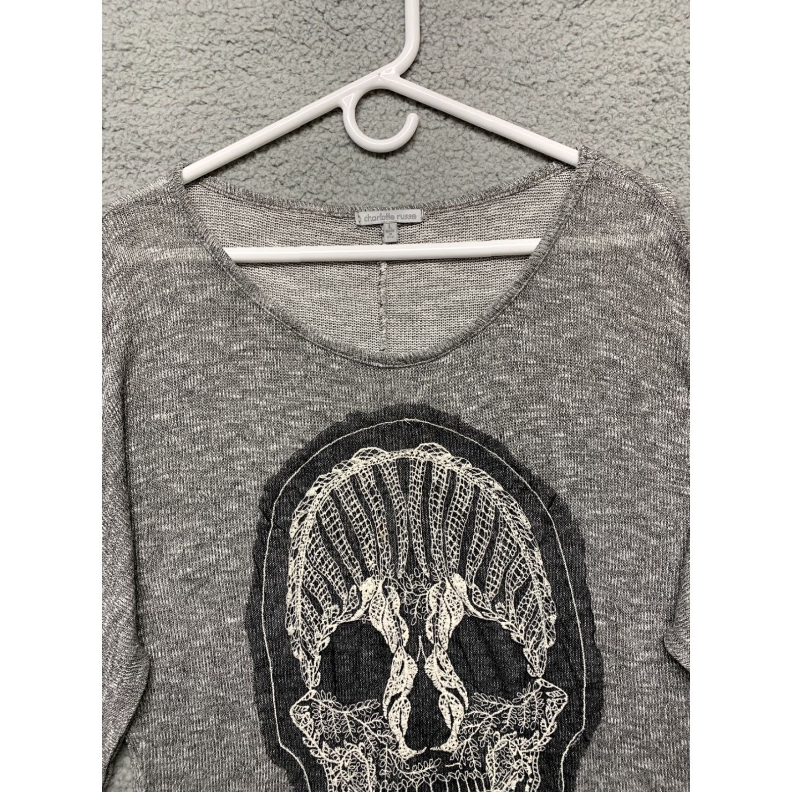 Vintage Charlotte Russe Pullover Top Women's Sz L Heather Gray White Crocheted Skull USA Pullover Knit Batwing Sleeve Casual Basic Womens Size L / US 10 / IT 46 - 2 Thumbnail