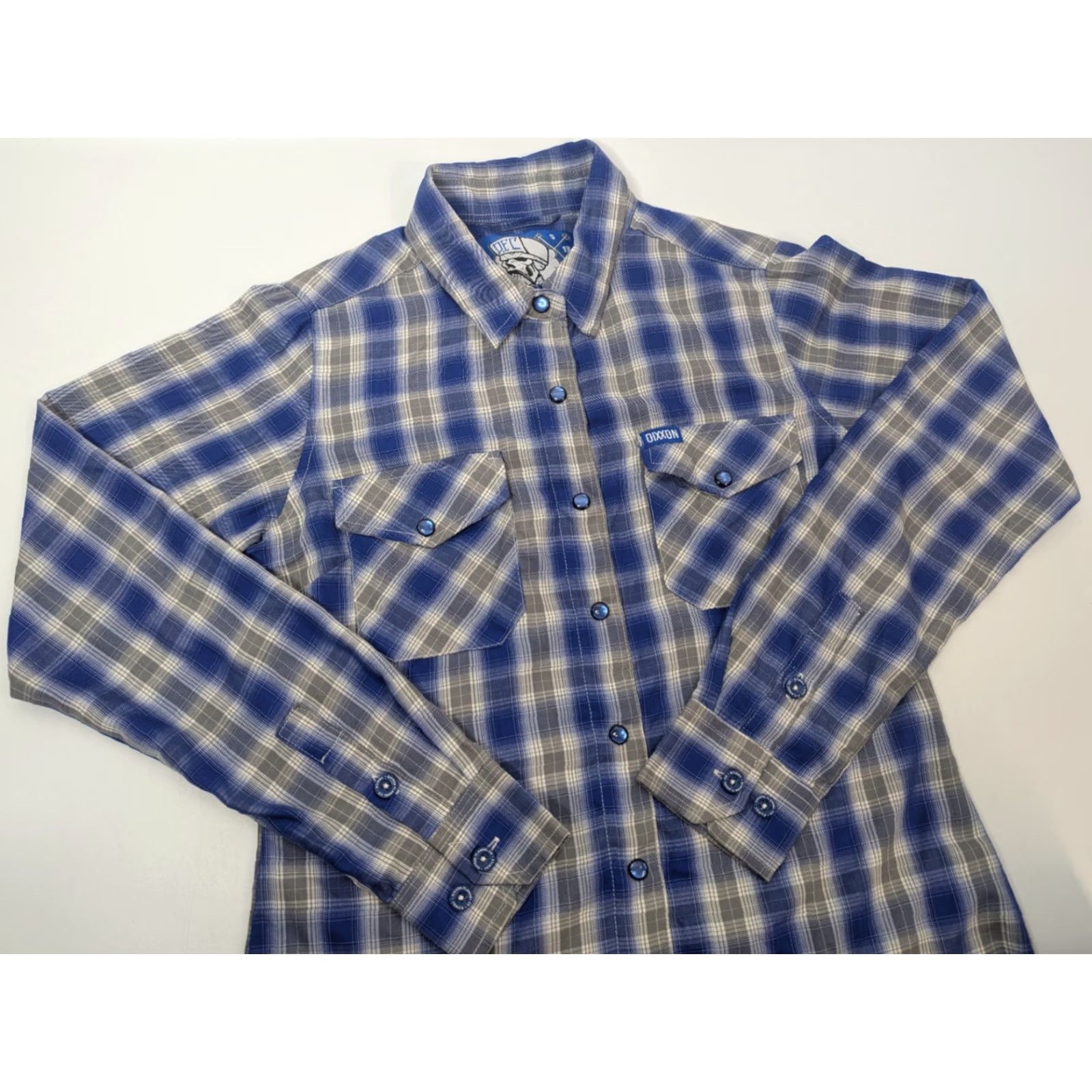 CO Dixxon Shirt Women's S Blue Button-Up Plaid Bamboo Satin Pearl Snap Long Sleeve Size S / US 4 / IT 40 - 2 Thumbnail