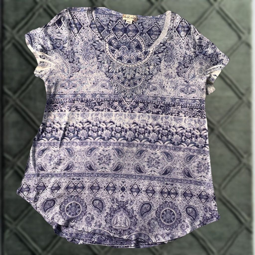 Vintage World Unity Tshirt Womens Large Blue Boho Mandala Studded Short Sleeve Tee Size L / US 10 / IT 46 - 1 Thumbnail
