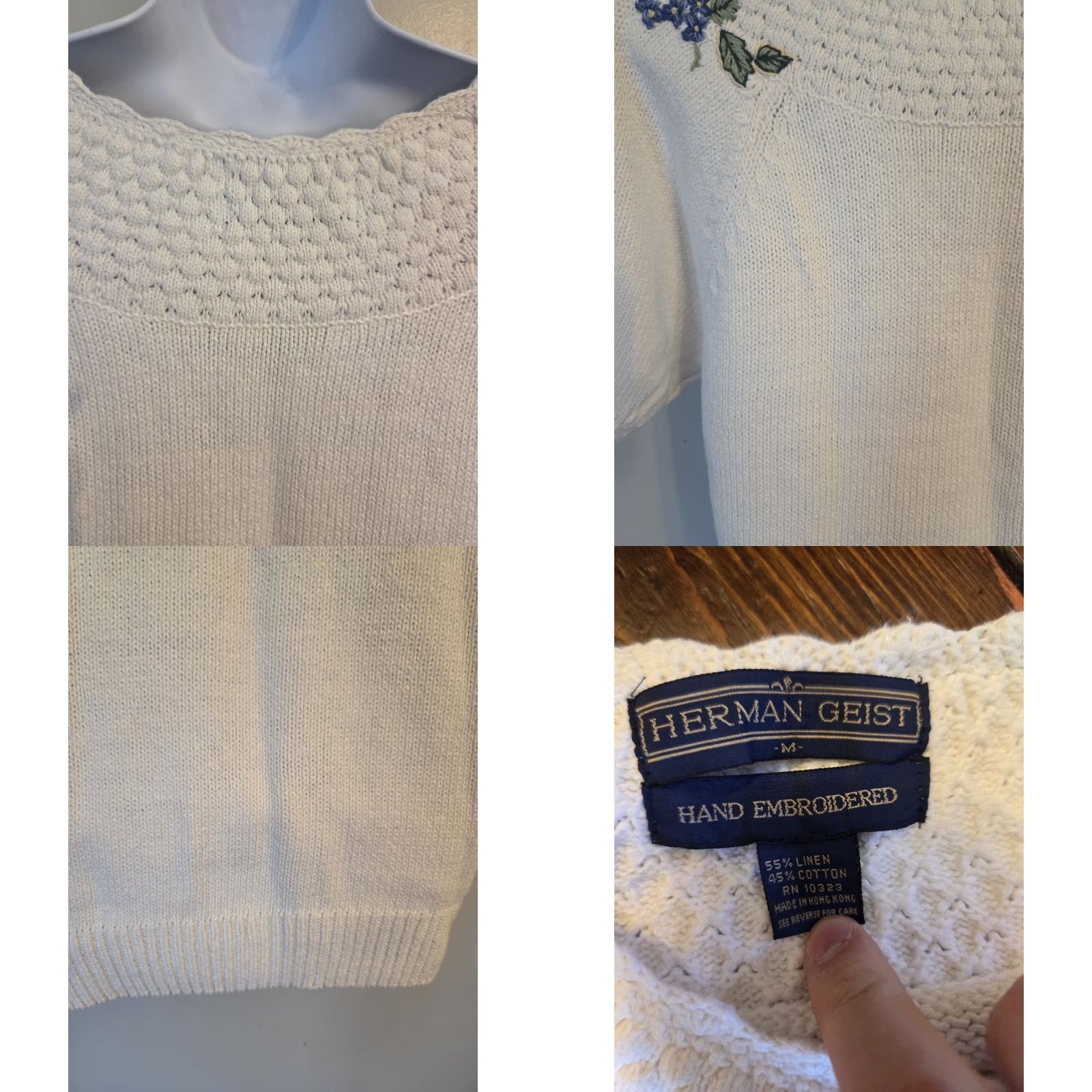 Vintage Vintage Herman Geist White Floral Hand Embroidered Pullover Sweater Sz M - 1990s Linen Cottagecore, White Pullover Mens/Mens? Size M / US 6-8 / IT 42-44 - 8 Thumbnail