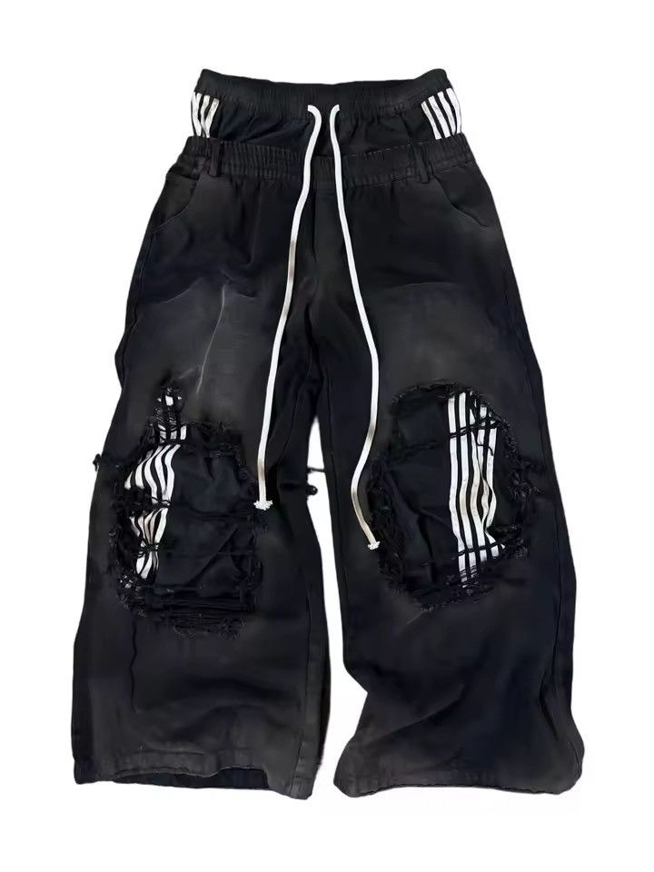 Jean Distressed Patchwork Striped Hip Hop Baggy Pants Jeans Size US 34 / EU 50 - 1 Thumbnail