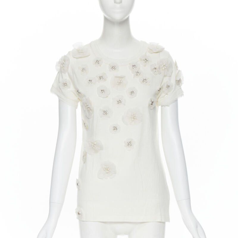 Lanvin LANVIN ALBER ELBAZ Collection Blanche white silk pearl crystal flower tshirt XS Size XS / US 0-2 / IT 36-38 - 1 Thumbnail
