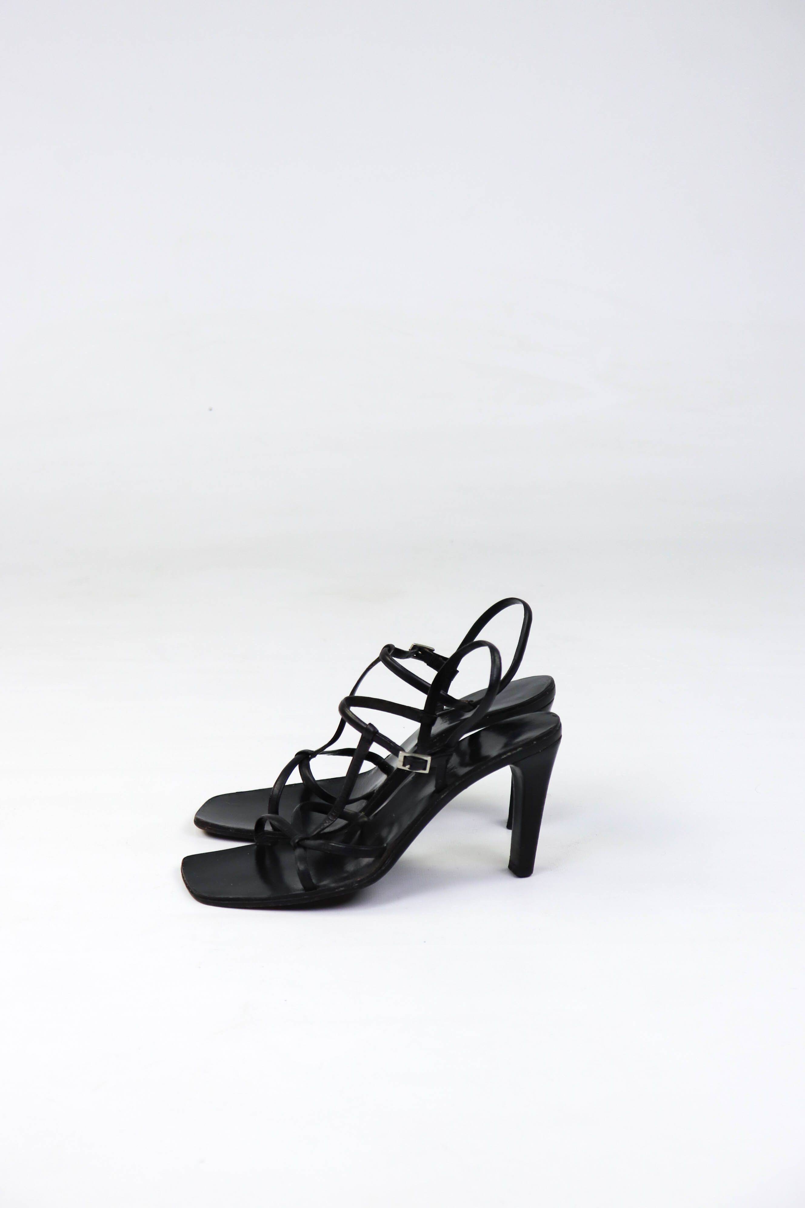 Vintage BALLY Black Leather Strap Open Toe Heels Sandals