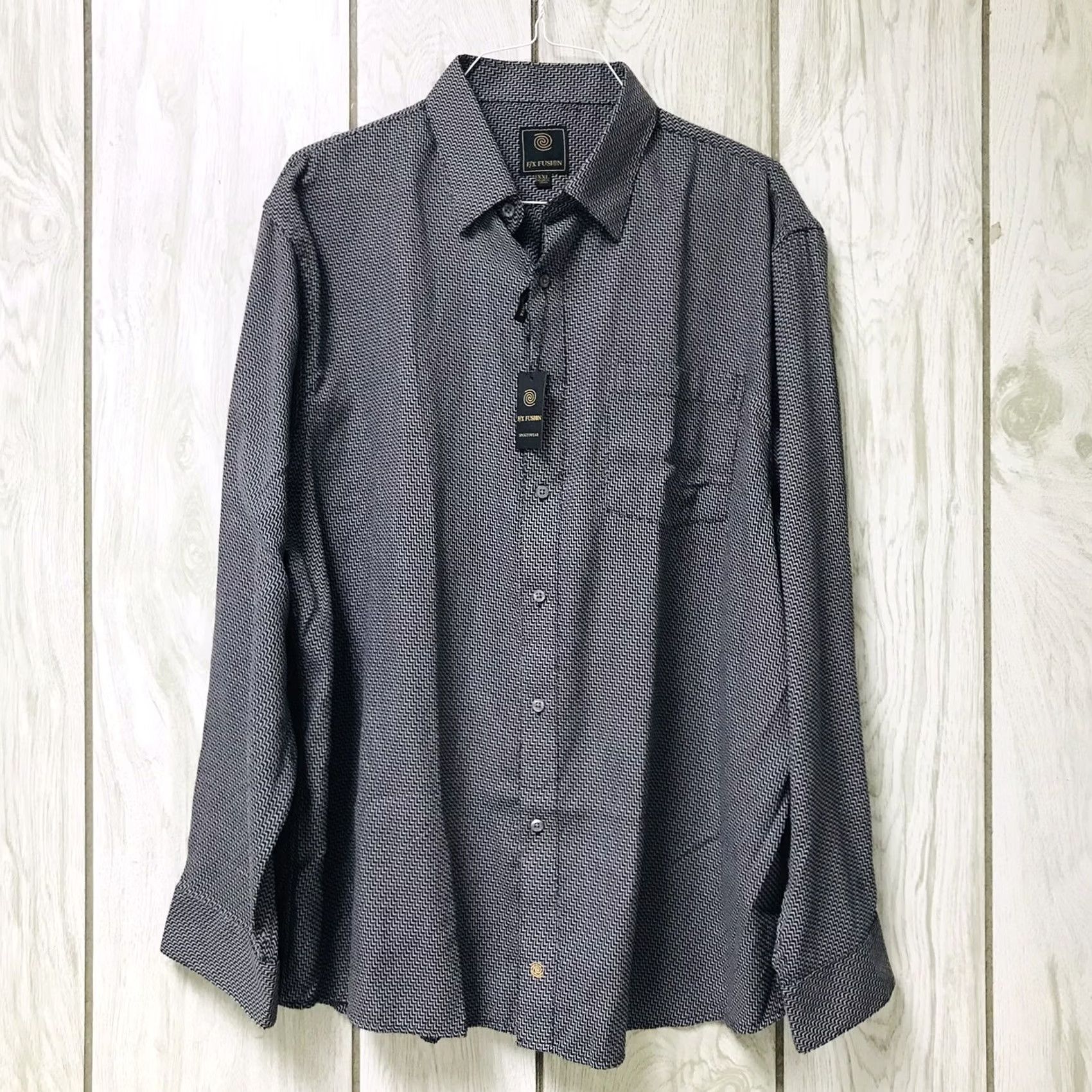Vintage F/X Fusion Men Button-Up Shirt Wavy Woven Long Sleeve Black / White 2XL Chest Pocket Wrinkle Resistant Size US XXL / EU 58 / 5 - 2 Thumbnail